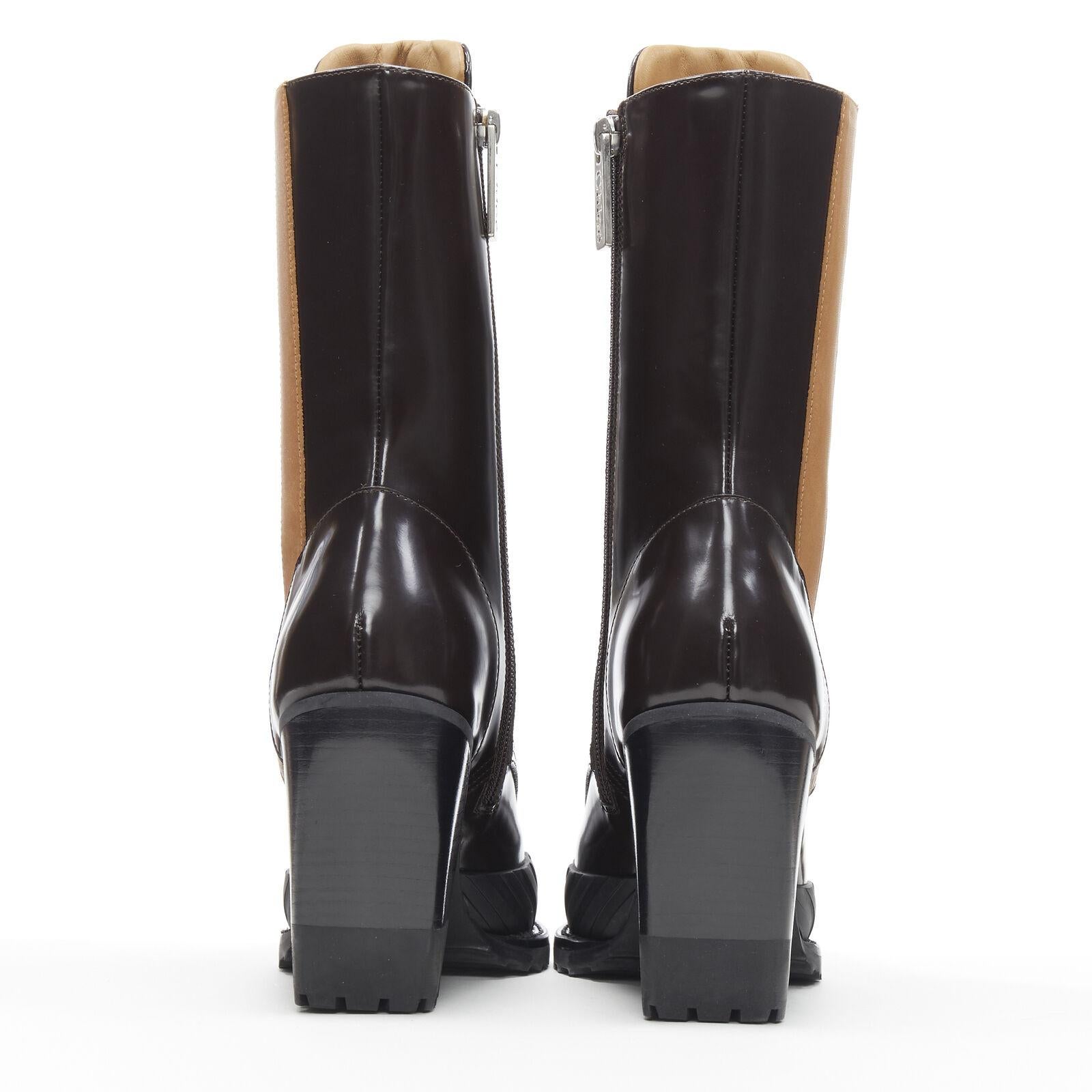 Women's new CHLOE Runway Rylee brown glossy leather block heel heel rubber toe boot EU37