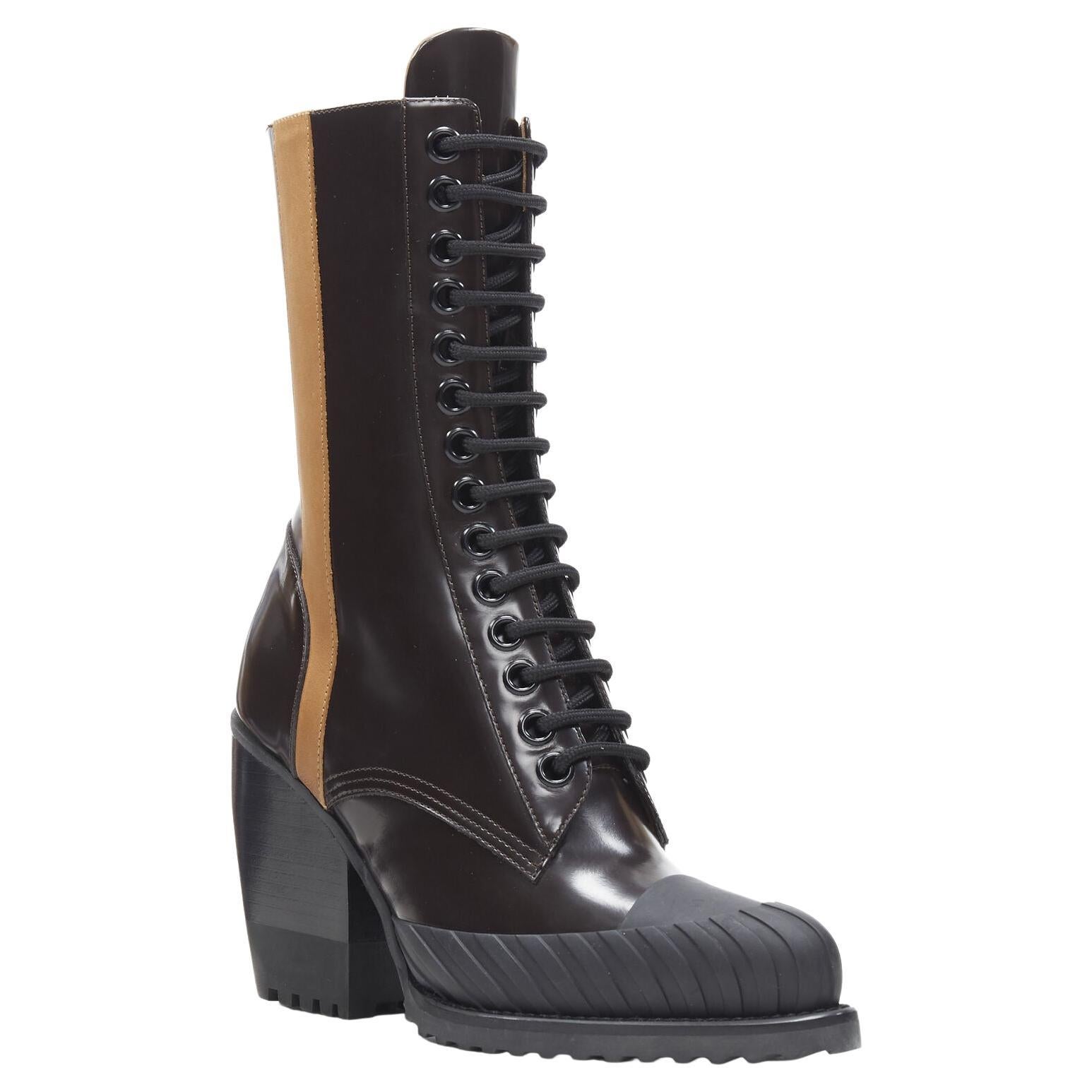 new CHLOE Runway Rylee brown glossy leather block heel heel rubber toe boot EU37
