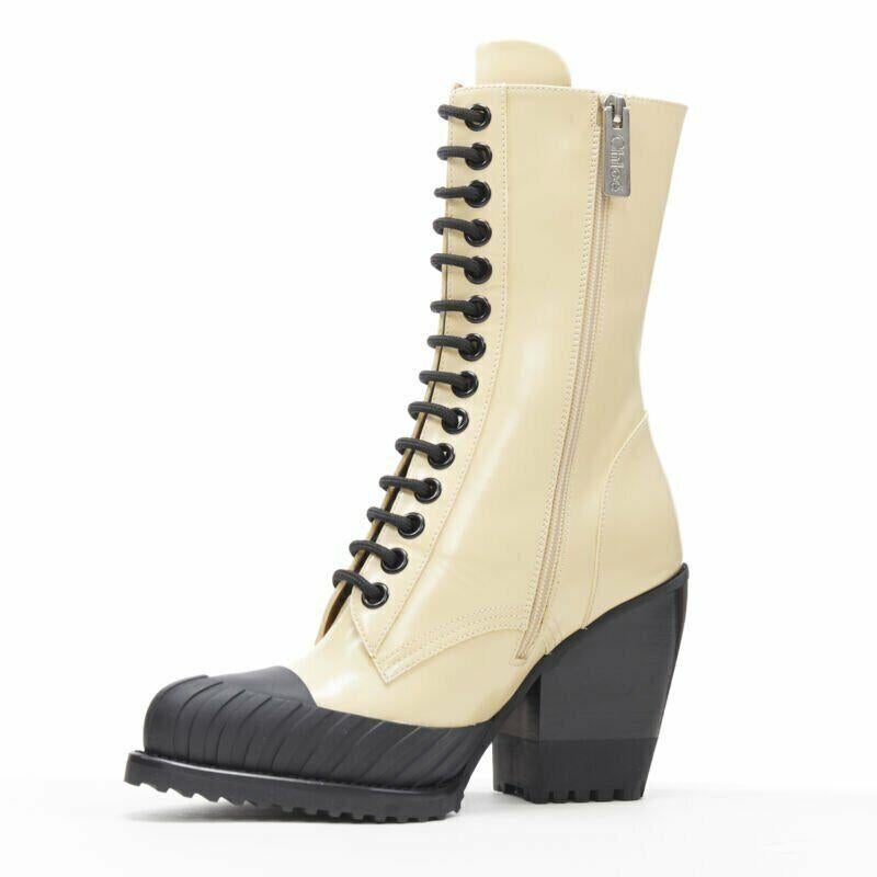 Women's new CHLOE Runway Rylee cream brown leather block heel heel rubber toe boot EU41