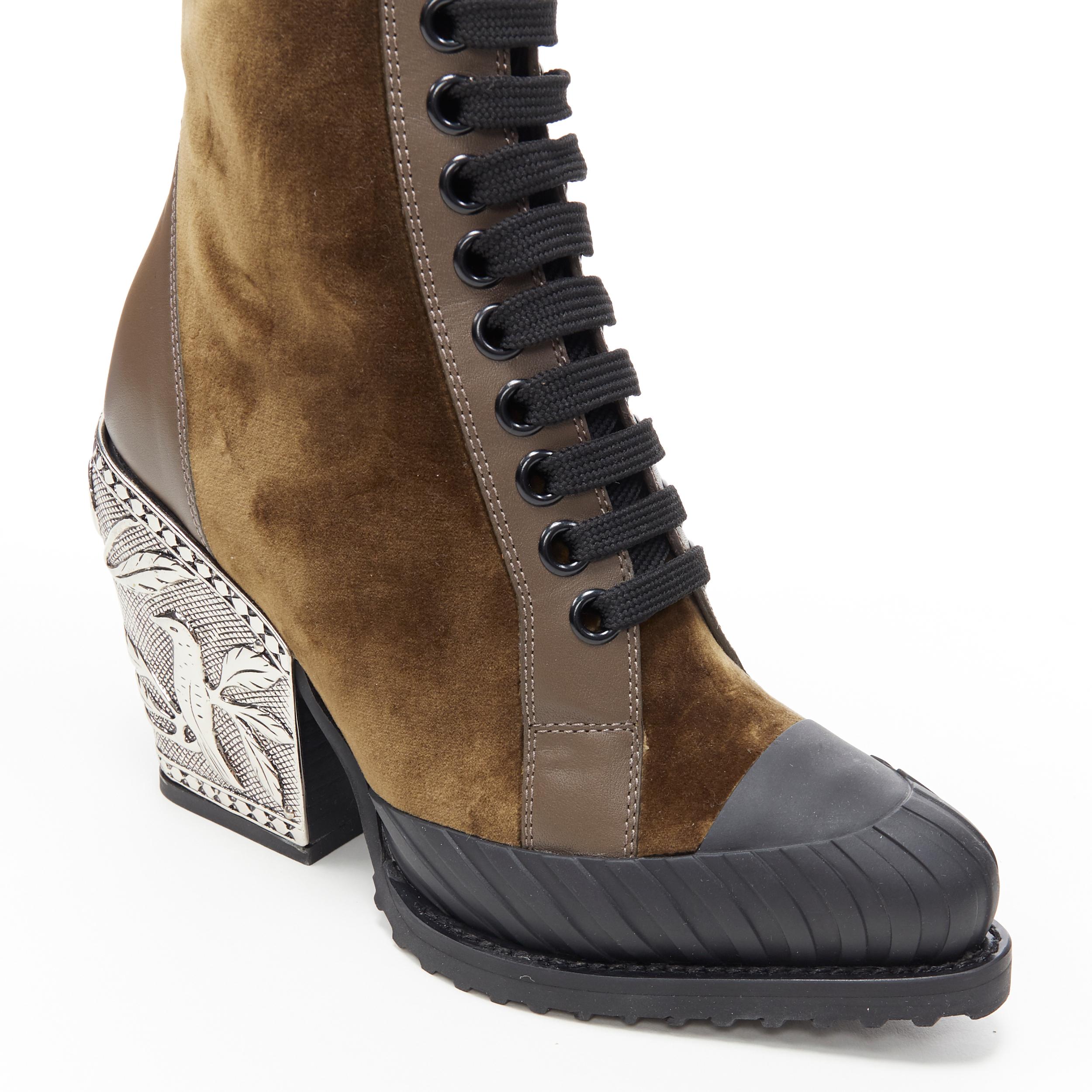 Women's new CHLOE Runway Rylee dark green velvet baroque metal heel rubber toe boot EU37
