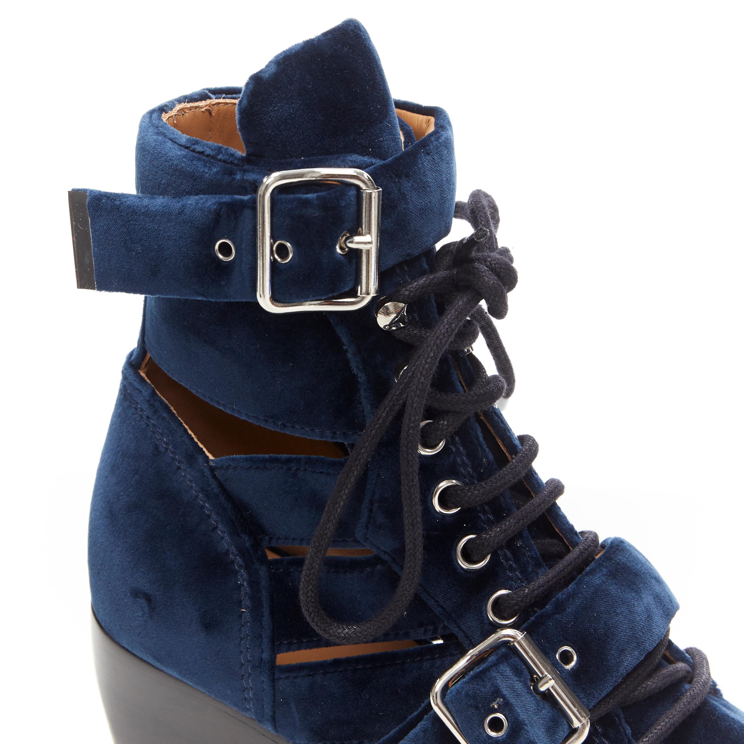 Women's new CHLOE Rylee blue velvet buckle strap lace up cut out ankle boots EU37 For Sale