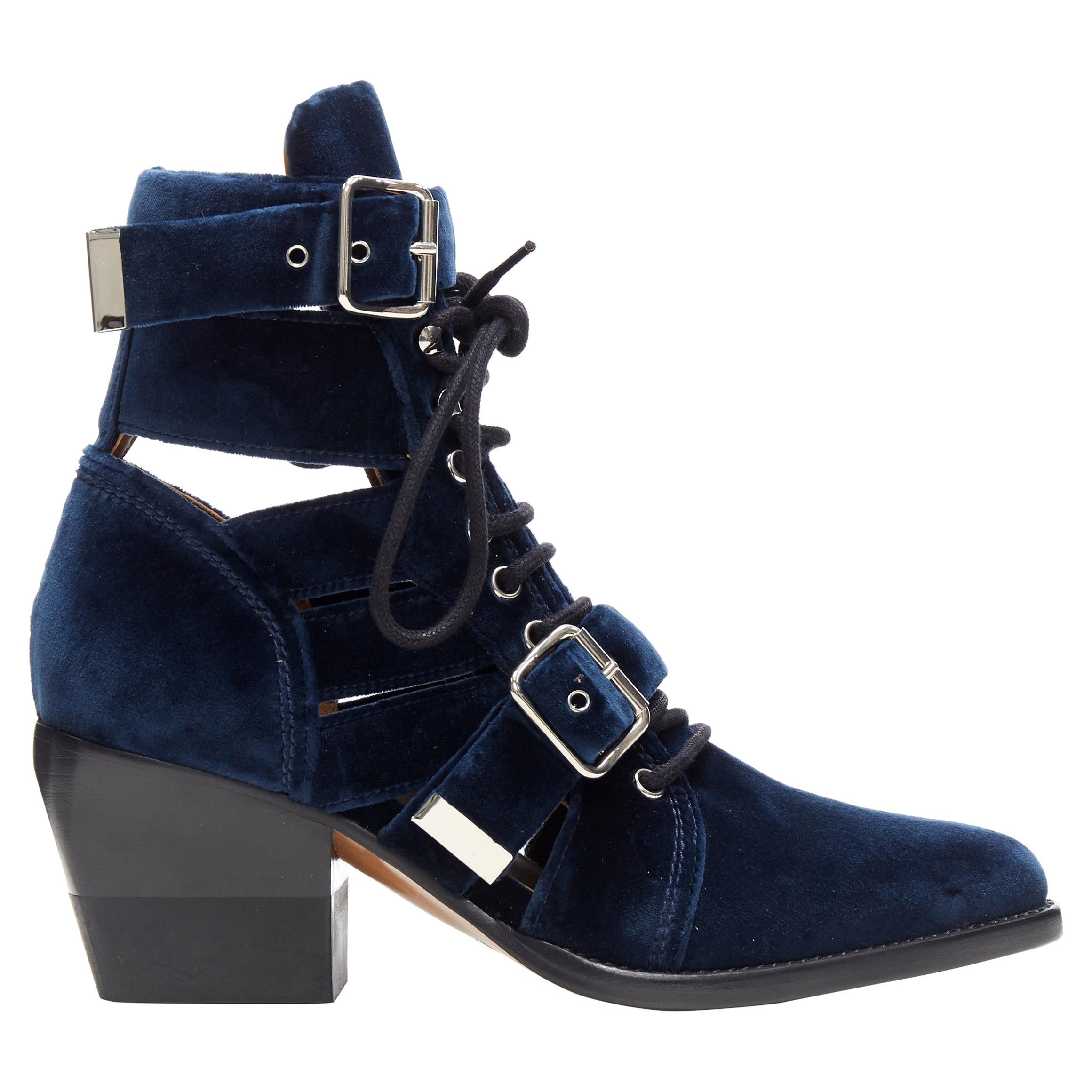 New Chloe Rylee Blue Velvet Buckle Strap Lace Up Cut Out Ankle Boots EU37