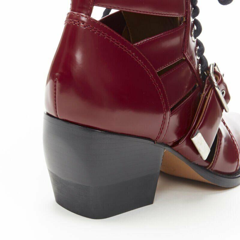 new CHLOE Rylee burgundy red leather cut out buckled pointy ankle boot EU36.5 6