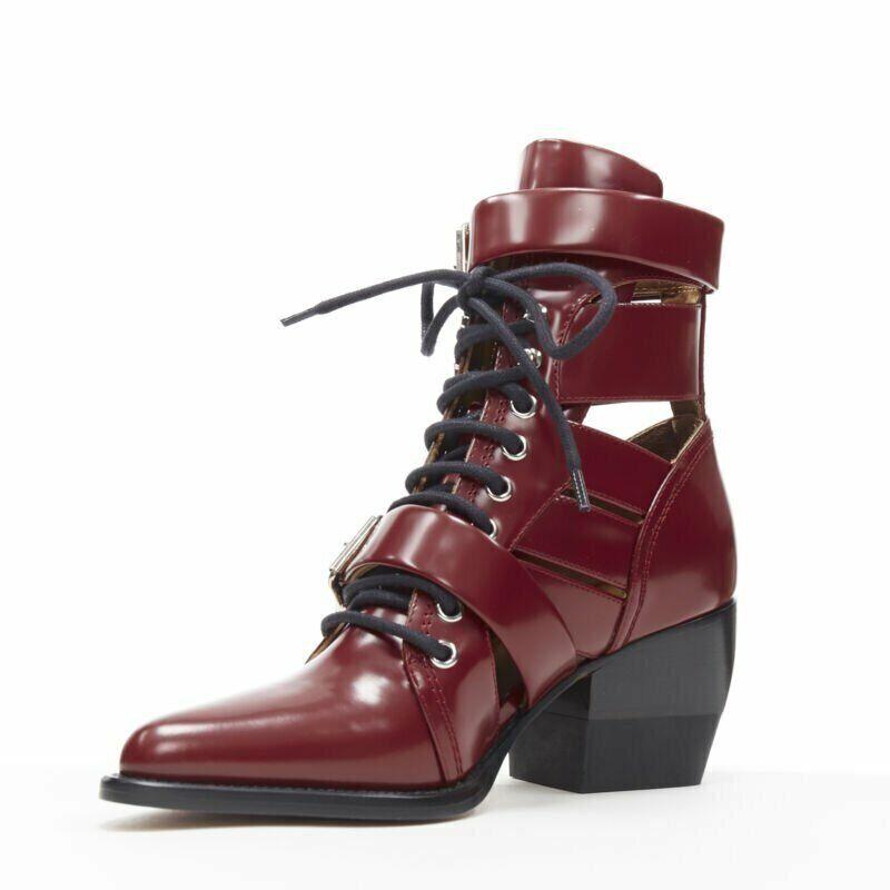 Women's new CHLOE Rylee burgundy red leather cut out buckled pointy ankle boot EU36.5