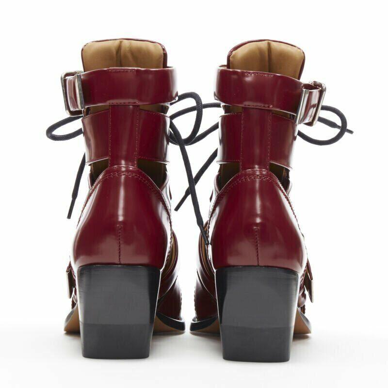 new CHLOE Rylee burgundy red leather cut out buckled pointy ankle boot EU36.5 1