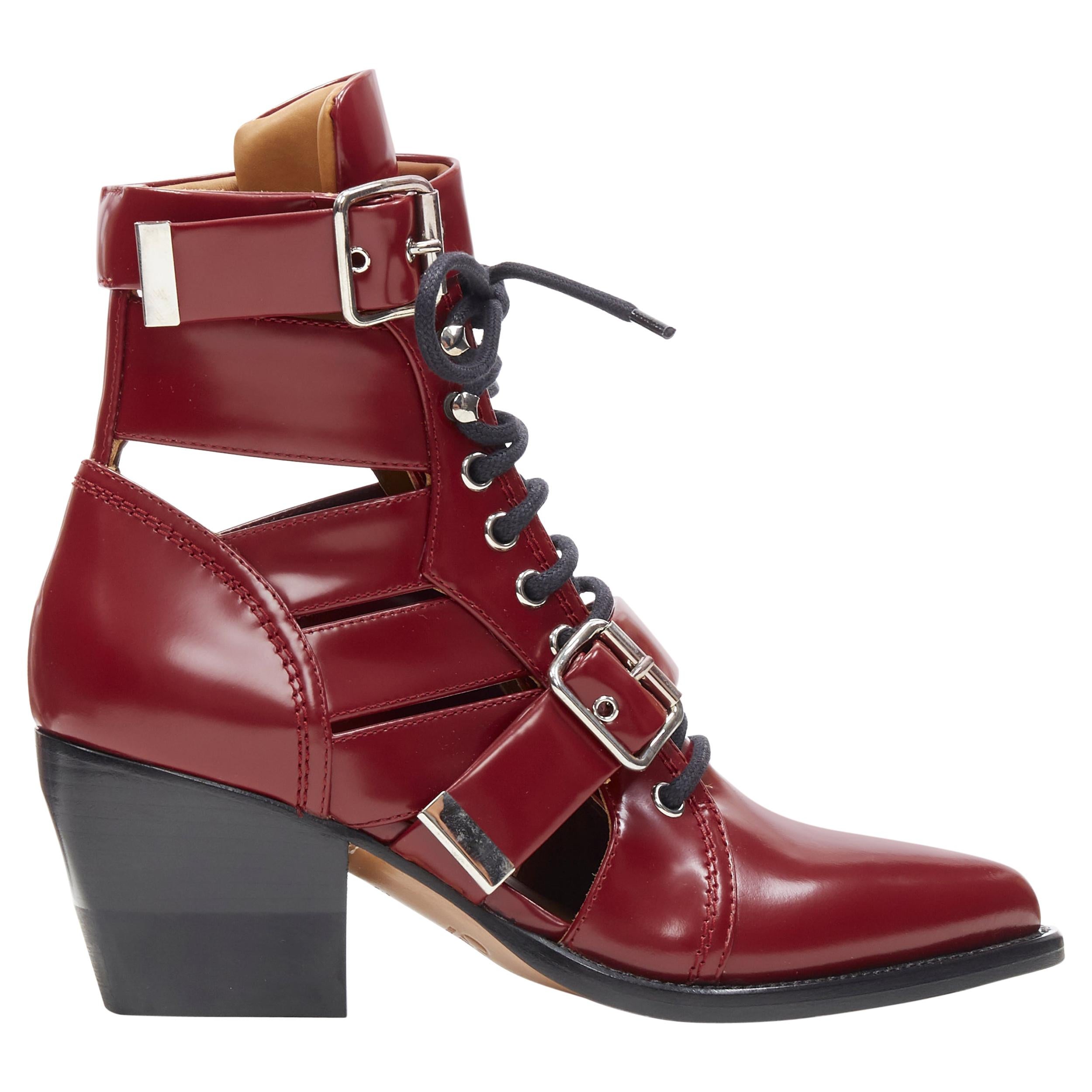 new CHLOE Rylee burgundy red leather cut out buckled pointy ankle boot EU37