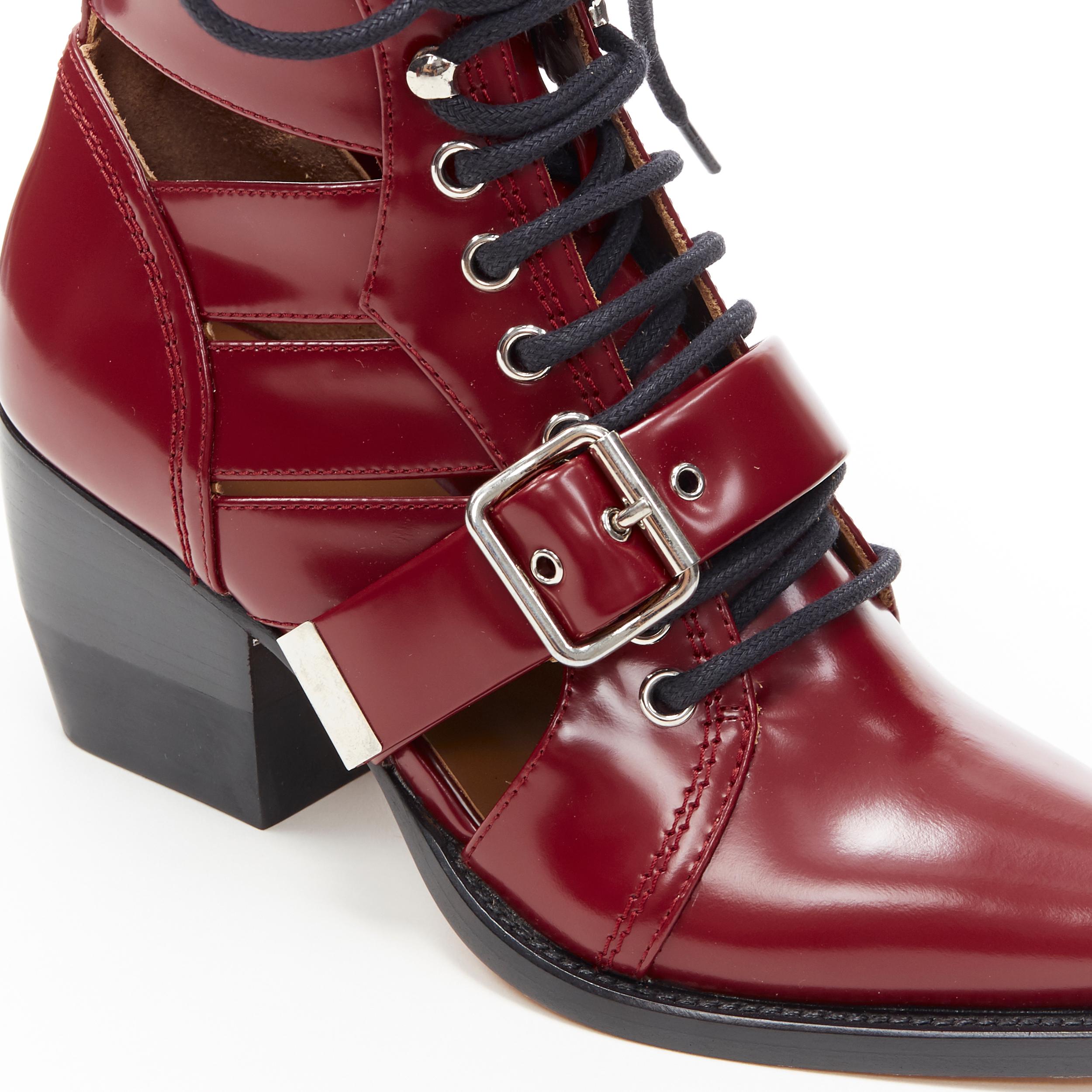 Women's new CHLOE Rylee burgundy red leather cut out buckled pointy ankle boot EU38.5