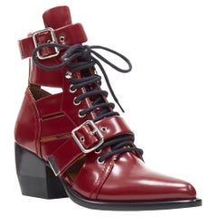 new CHLOE Rylee burgundy red leather cut out buckled pointy ankle boot EU39 US9