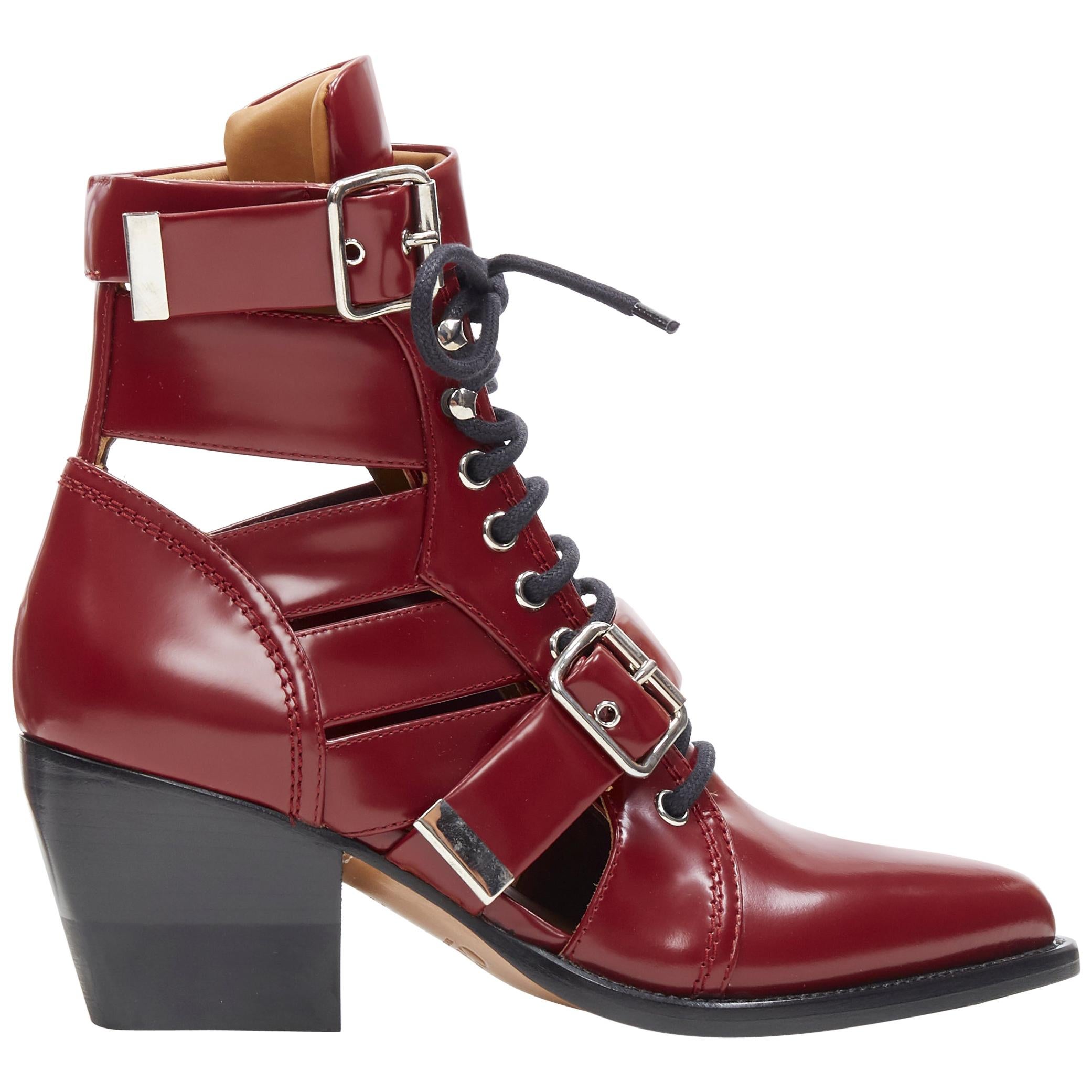 new CHLOE Rylee burgundy red leather cut out buckled pointy ankle boot EU40.5