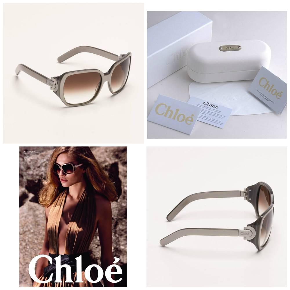 Gray New Chloe Silver Beige Sunglasses With Case & Box