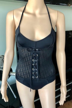 New Christian Dior 1990's Vintage Logo Monogram Sheer Black Bodysuit Swimsuit