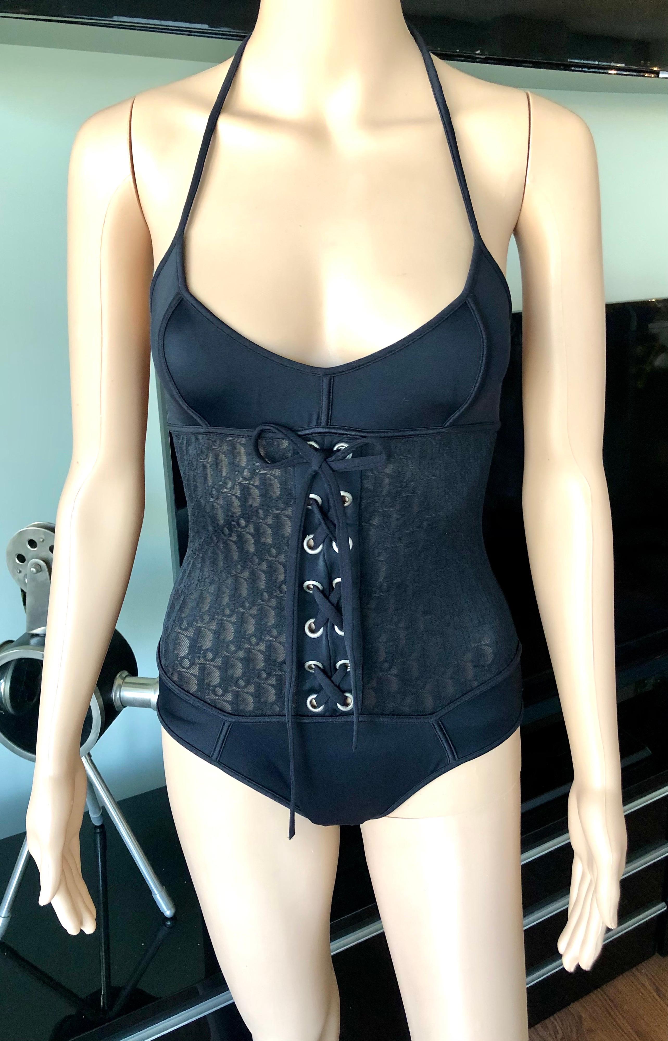 New Christian Dior 1990's Vintage Logo Monogram Sheer Black Bodysuit Swimsuit In New Condition In Naples, FL