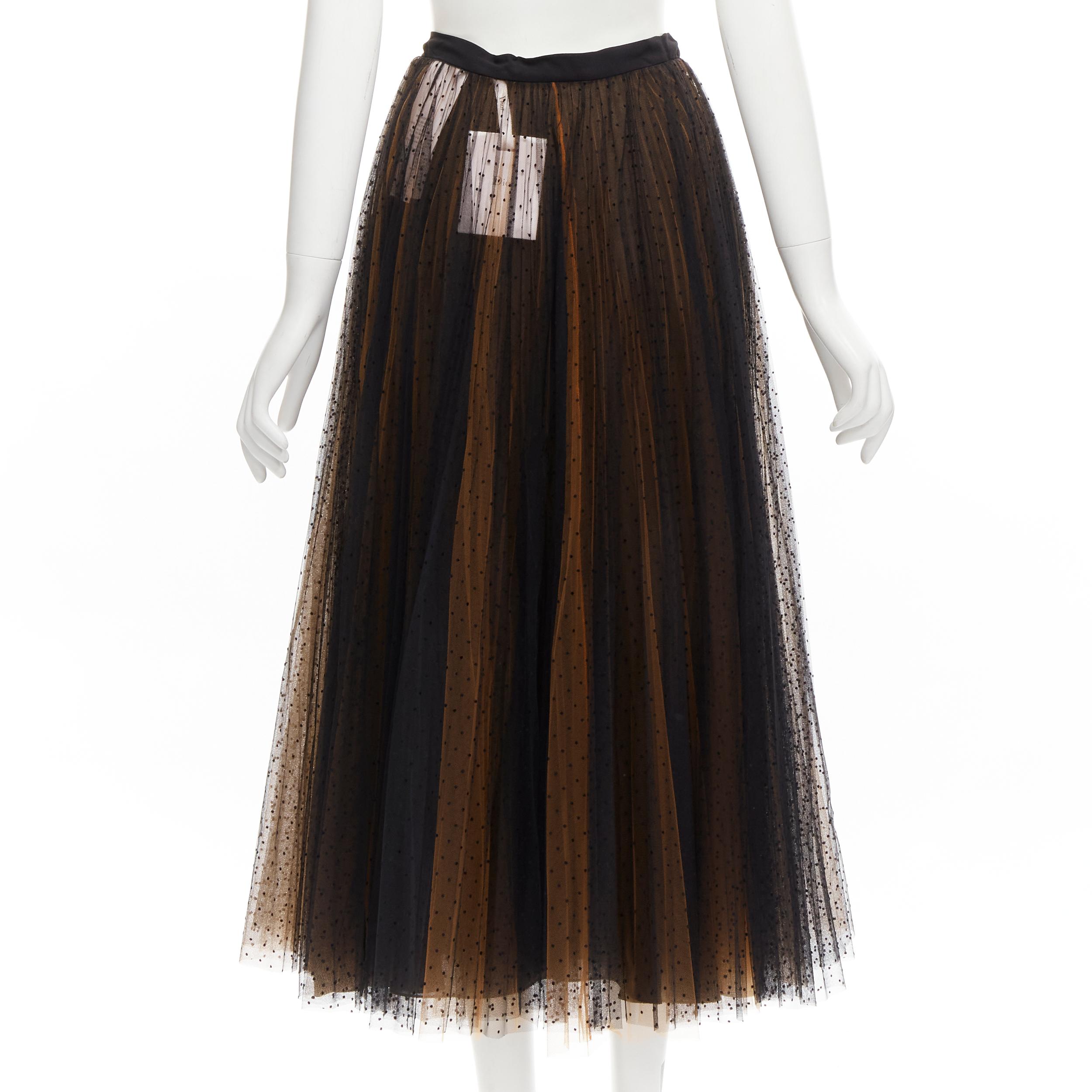 Women's new CHRISTIAN DIOR black polka dot orange tulle flared midi skirt FR36 S