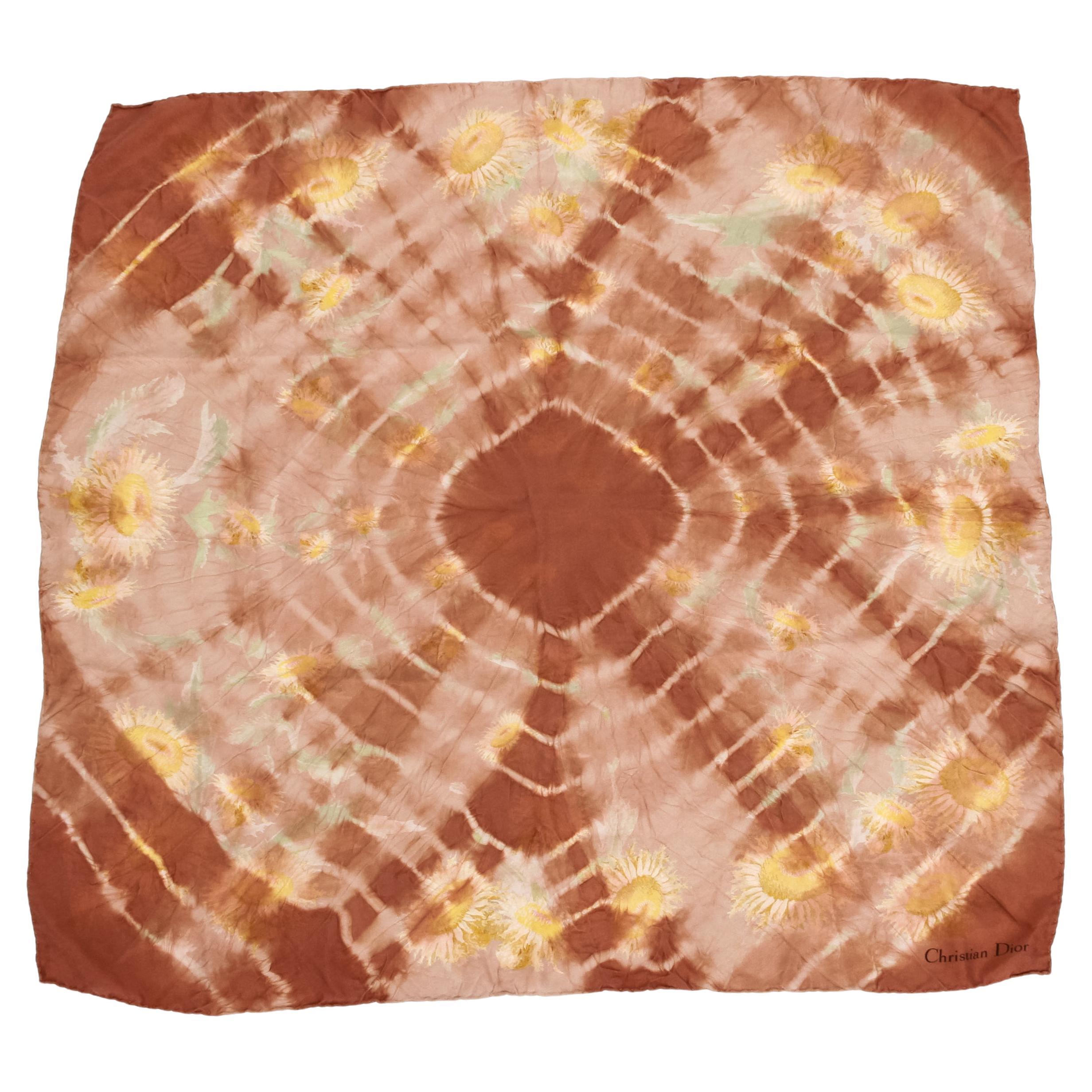 New Christian Dior Brown Tie Dye Silk Scarf