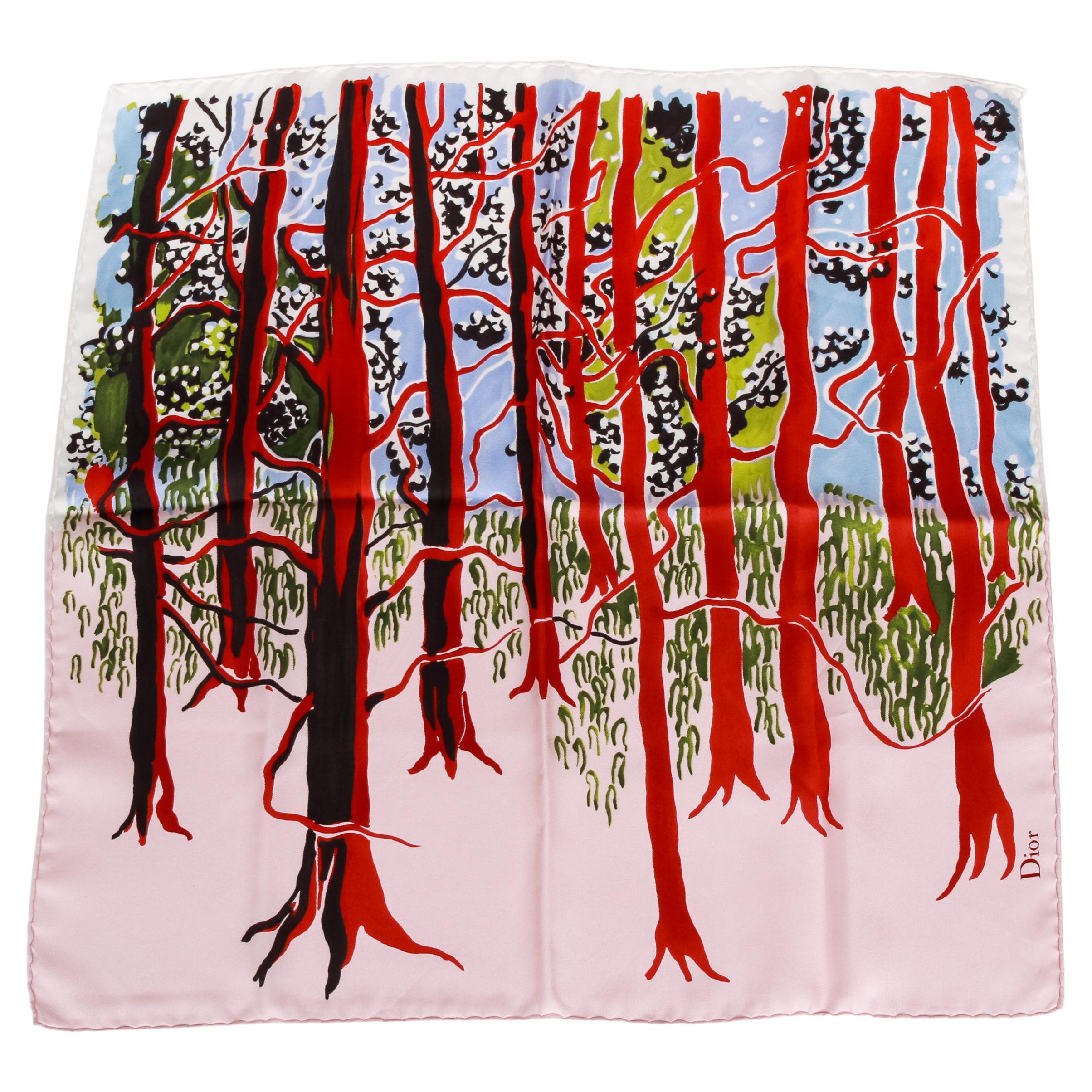 New Christian Dior Forest Design Pink Red Scarf For Sale
