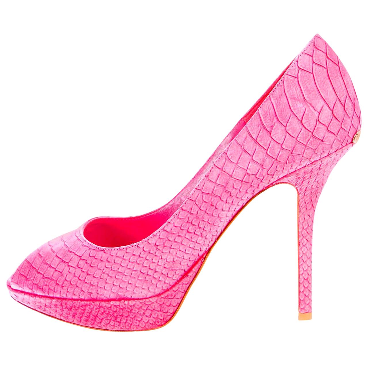 UNWORN Christian Dior Hot Pink Exotic Peep Toe High Heels Sandals Logo Plate