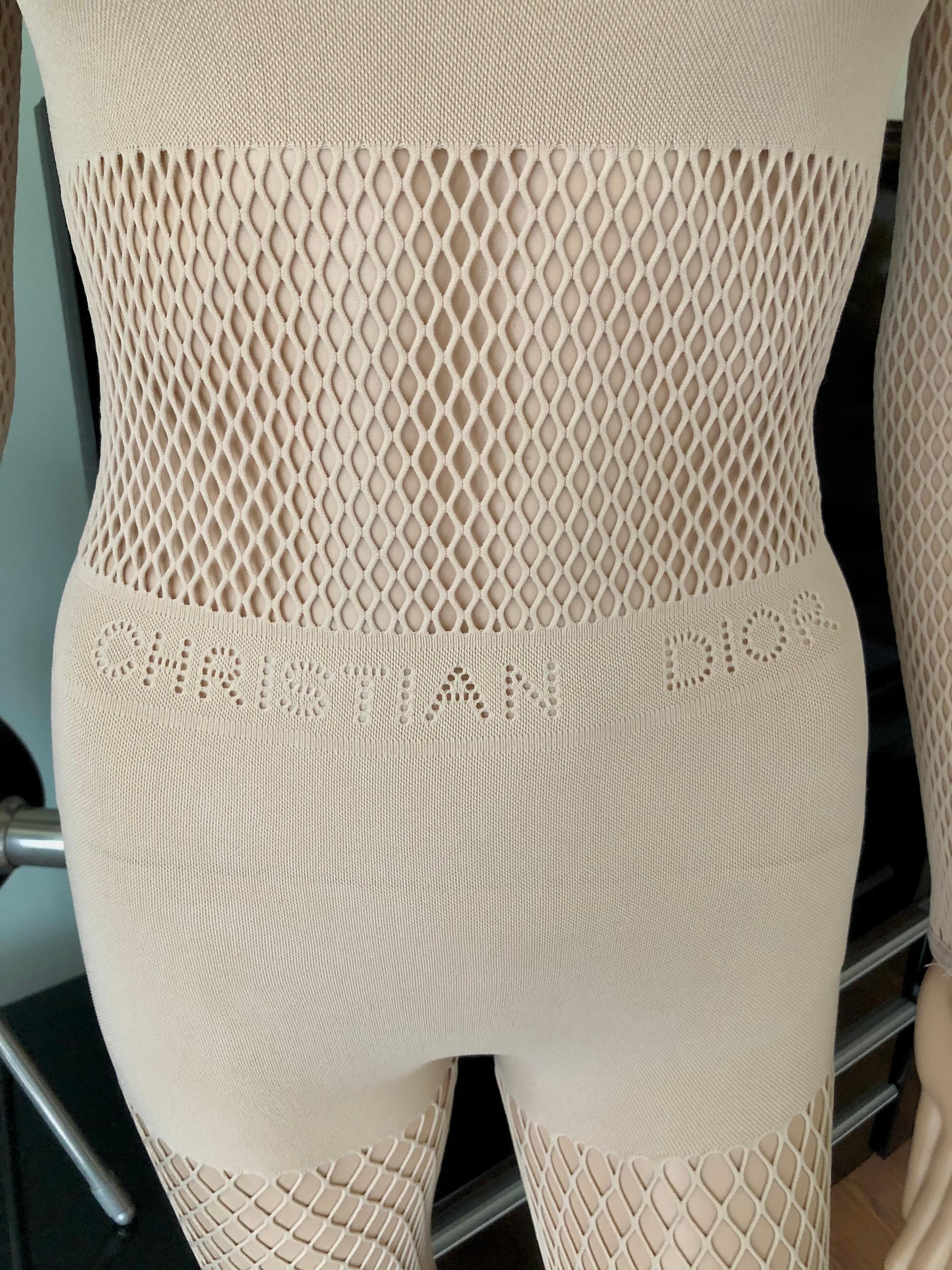 New Christian Dior Logo Monogram Sheer Mesh Fishnet Bodysuit Playsuit Jumpsuit Size L
