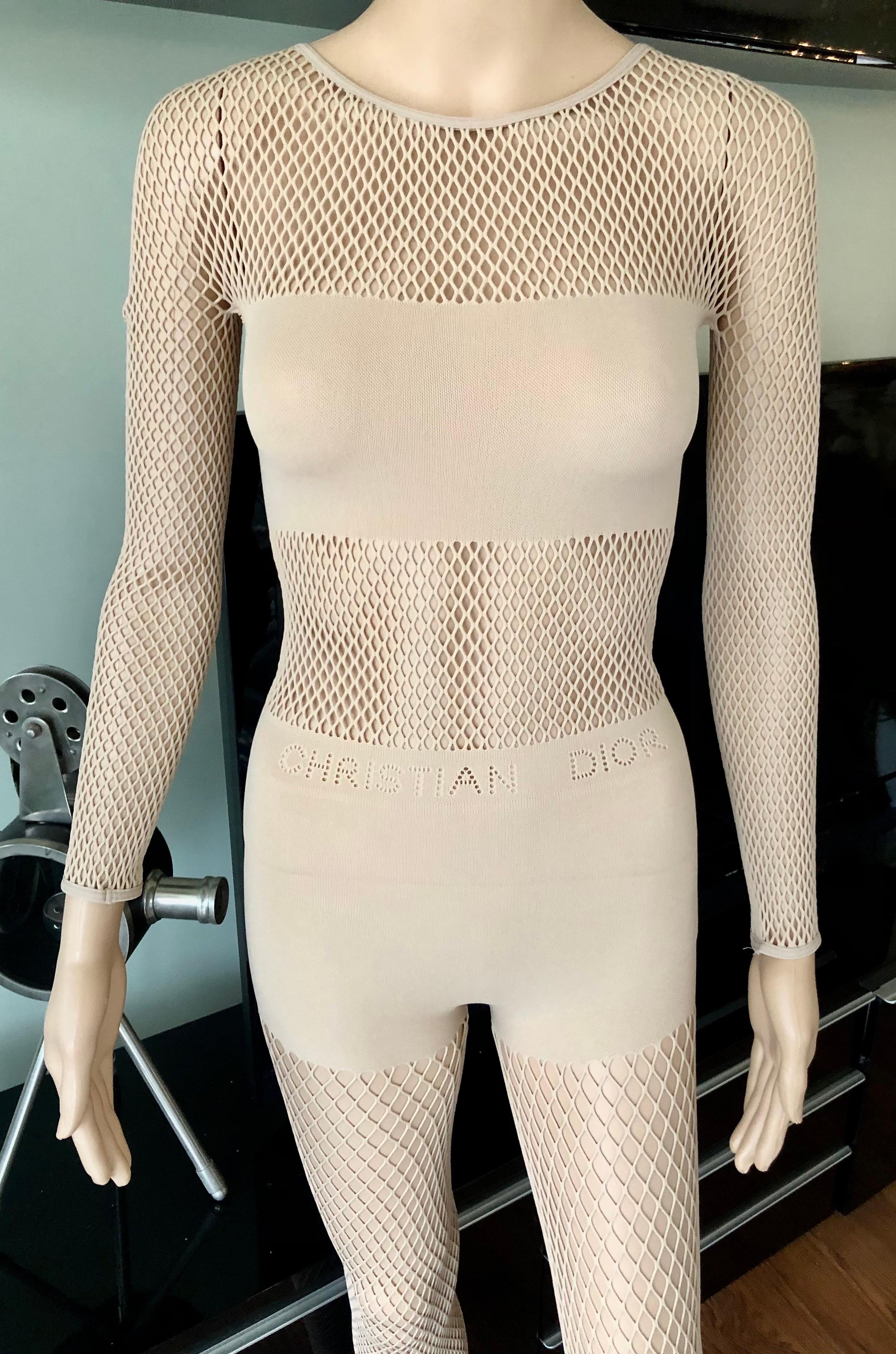 New Christian Dior Logo Monogram Sheer Mesh Fishnet Bodysuit Playsuit Jumpsuit In New Condition In Naples, FL