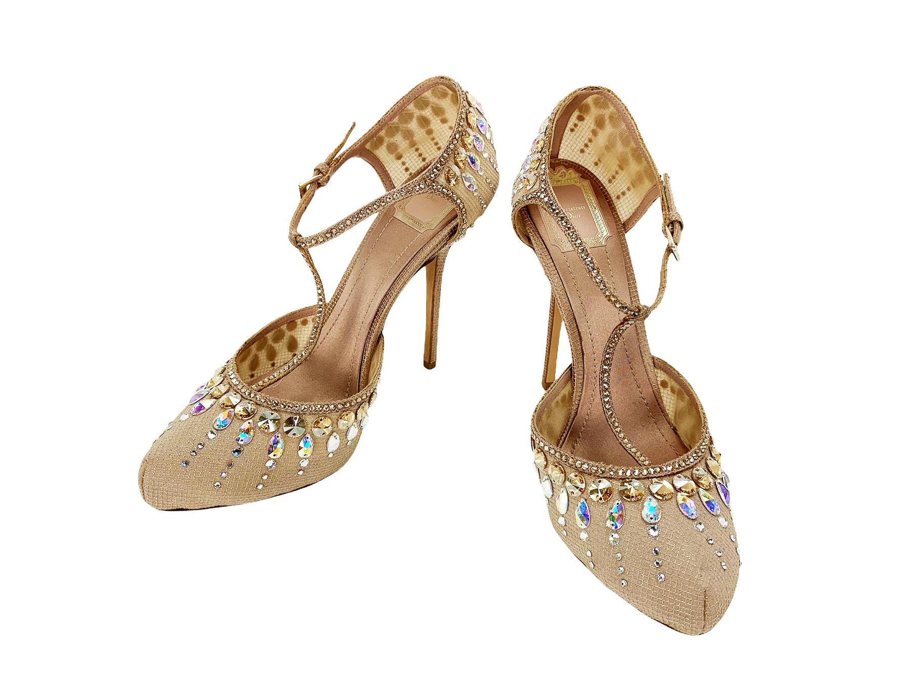 New Christian Dior Crystal Embellished T-strap Shoes Pumps
Designer size - 39.5
Nude Upper Glitter Fabric with Mesh Lining, Finished with Several Shapes of Crystals, Satin Insole, Leather Sole, Buckle Closure.
Heel Height - 5 inches, Hidden Platform