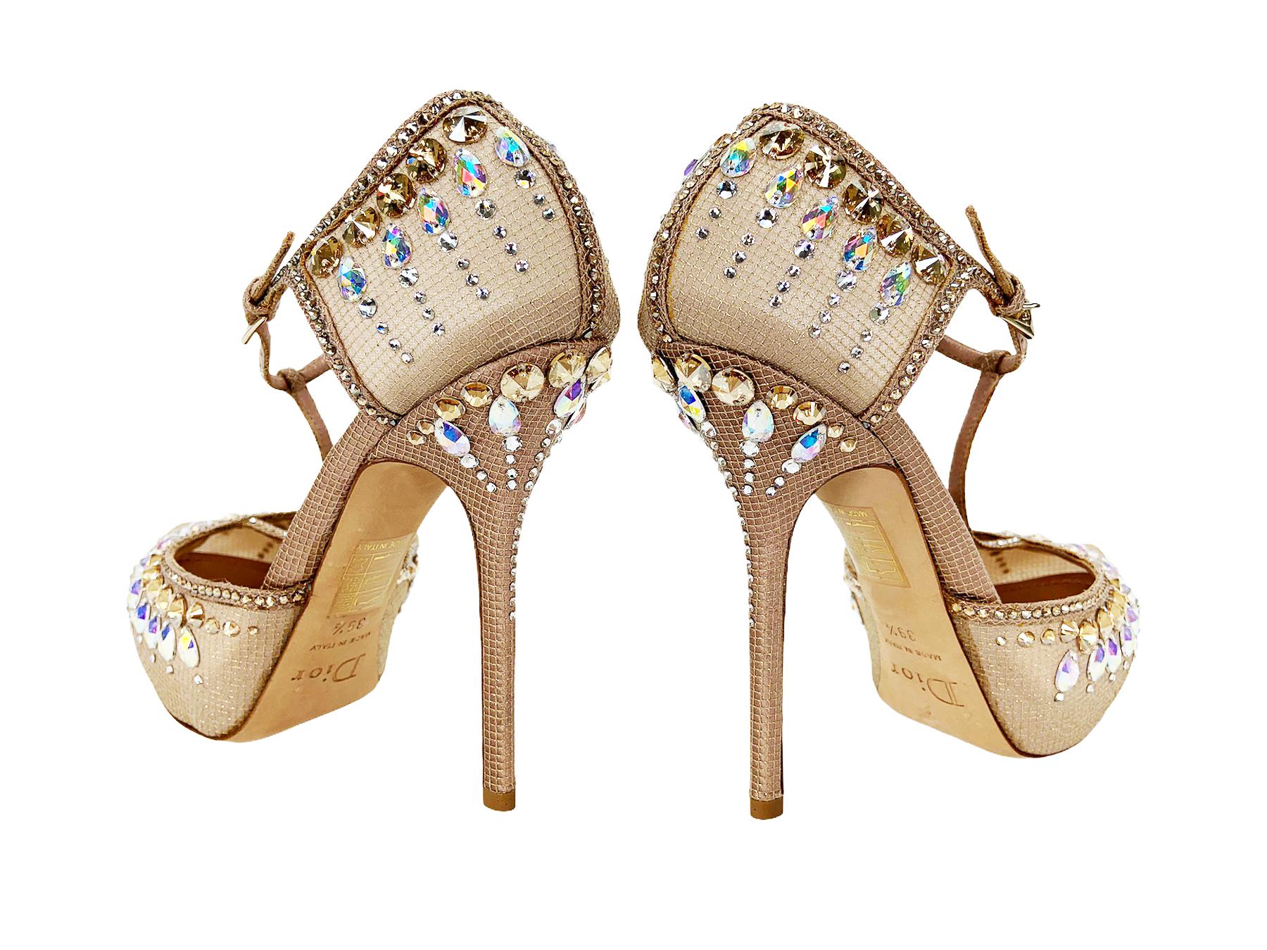 Beige New Christian Dior Nude Crystal Embellished T-strap Shoes Pumps 39.5  For Sale