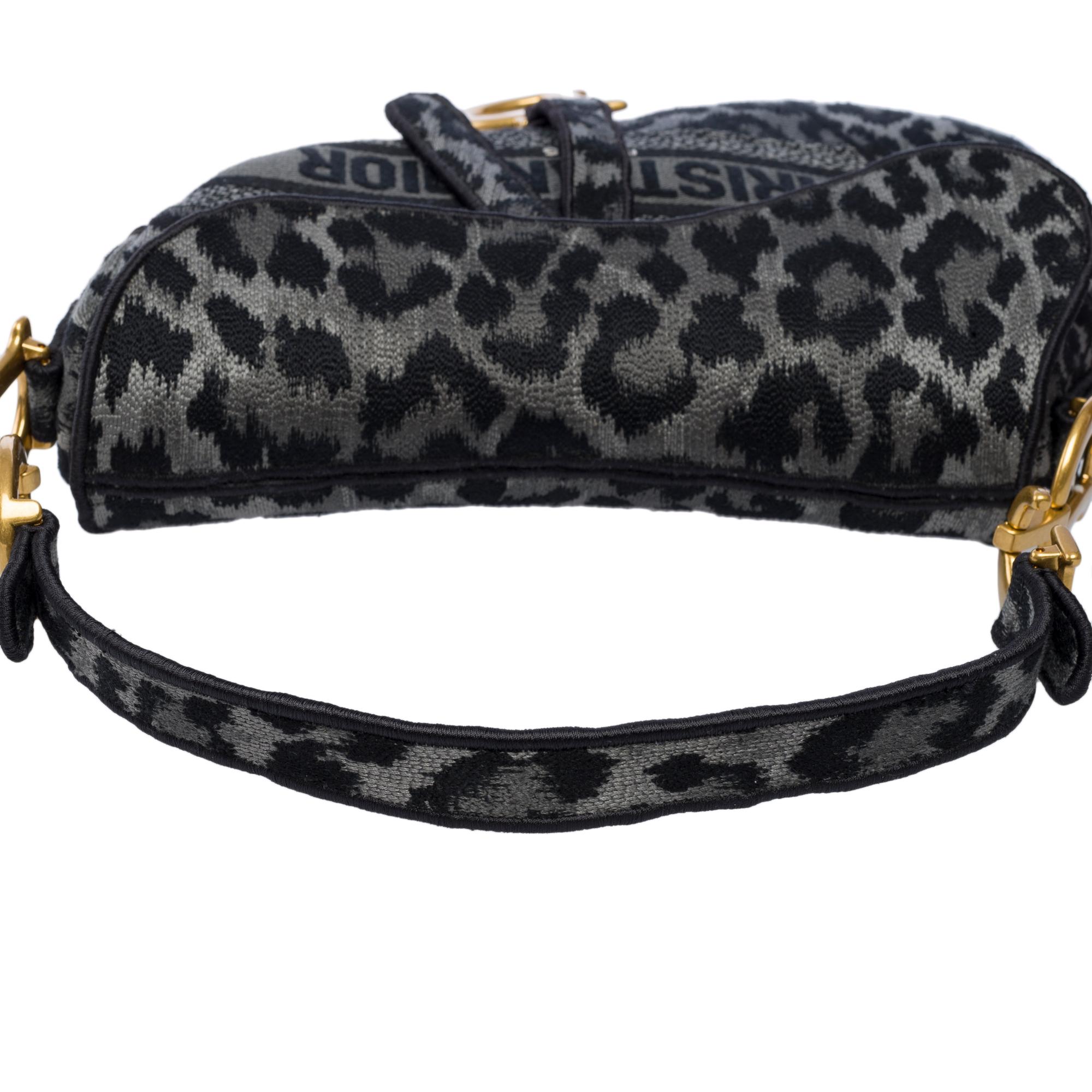 New Christian Dior Saddle Mizza leopard pattern in grey/black canvas , AGHW For Sale 6