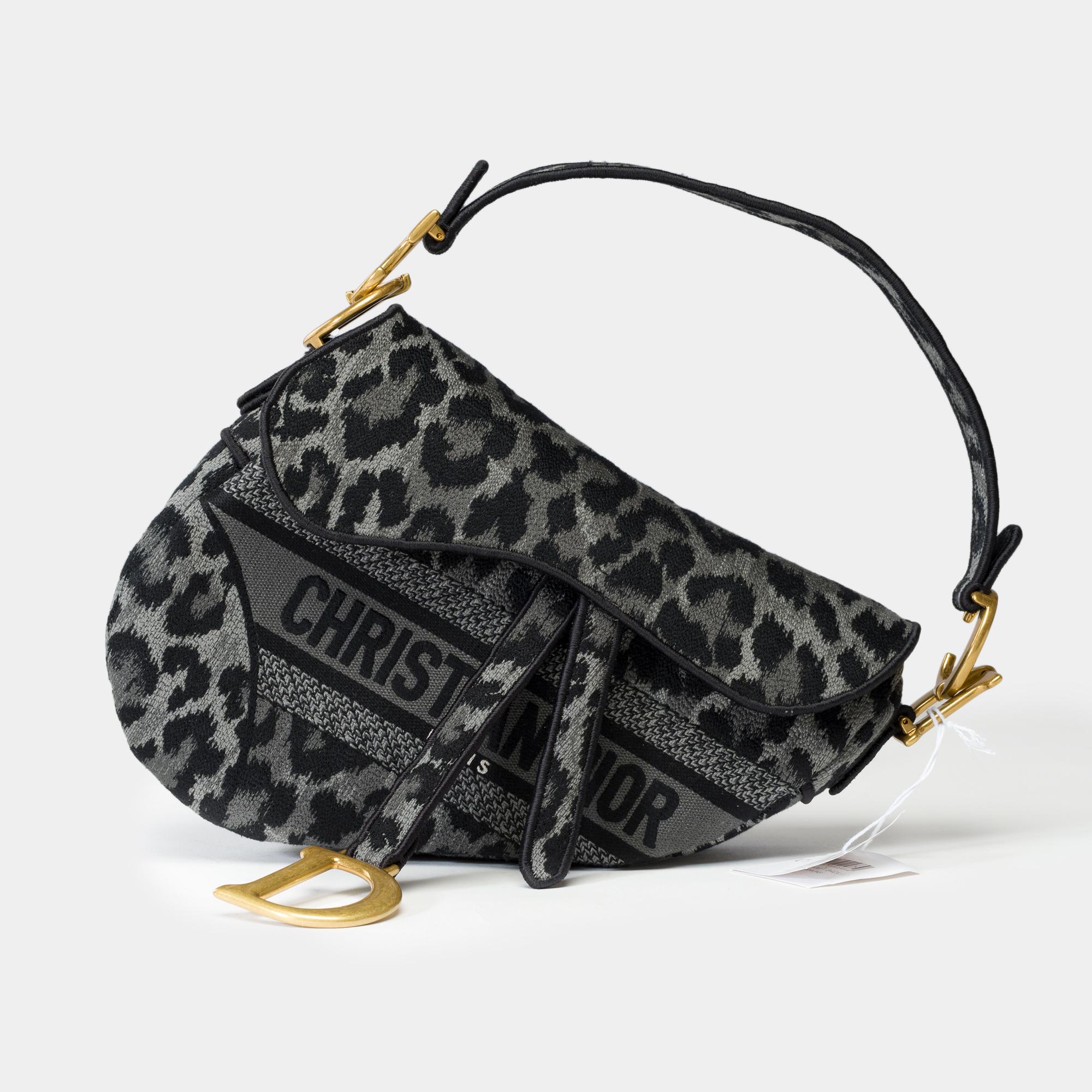 Black New Christian Dior Saddle Mizza leopard pattern in grey/black canvas , AGHW For Sale