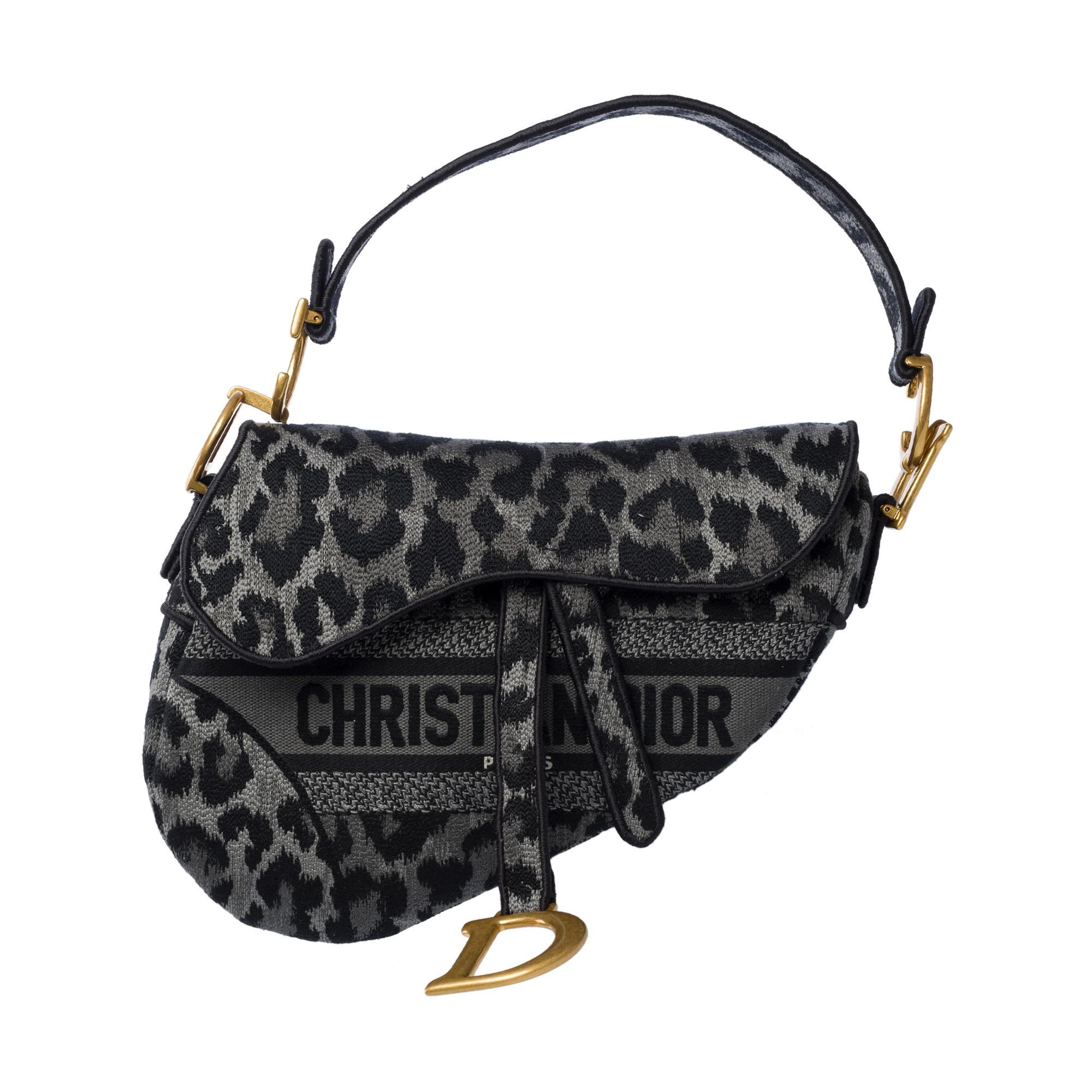 New Christian Dior Saddle Mizza leopard pattern in grey/black canvas , AGHW In New Condition For Sale In Paris, IDF