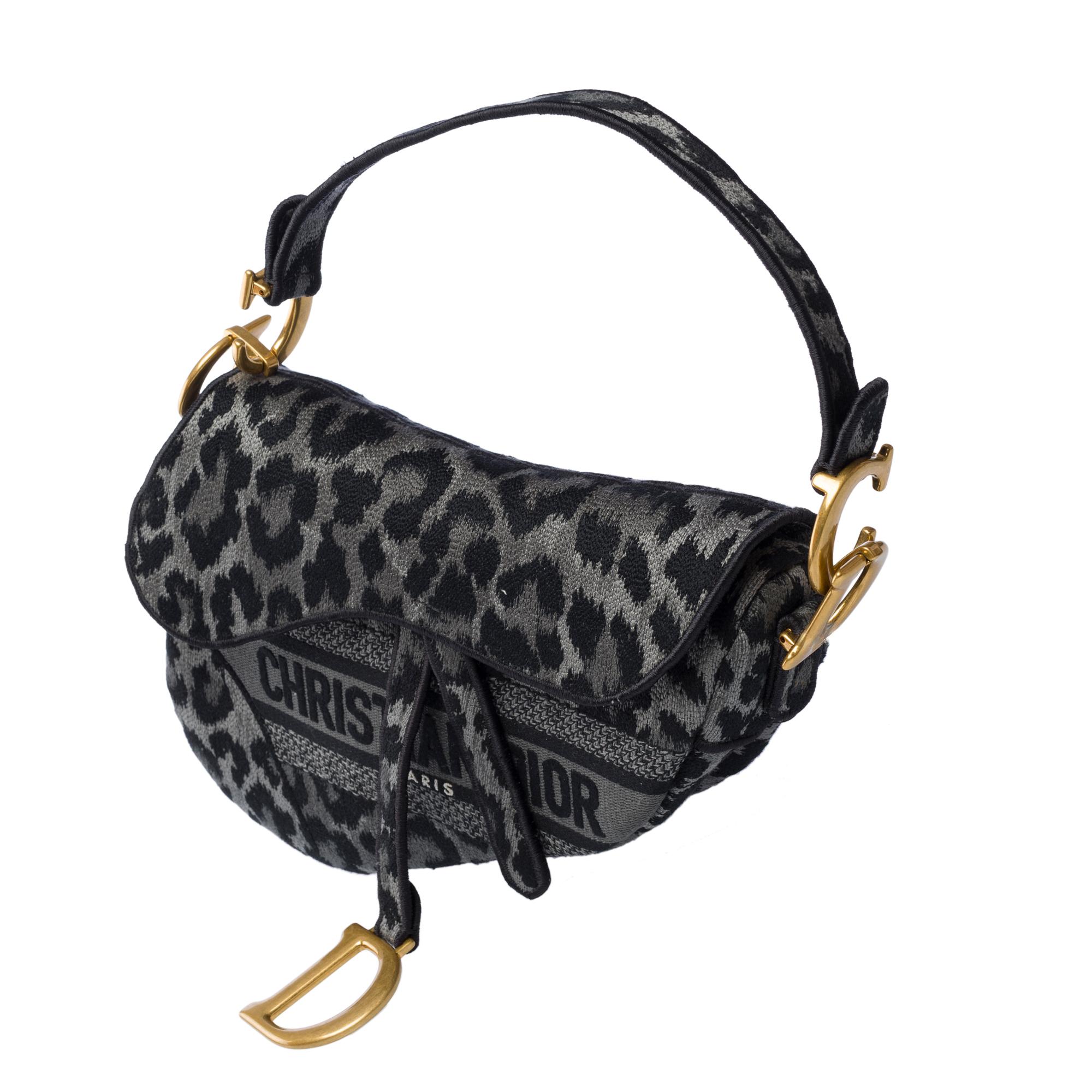 New Christian Dior Saddle Mizza leopard pattern in grey/black canvas , AGHW For Sale 1