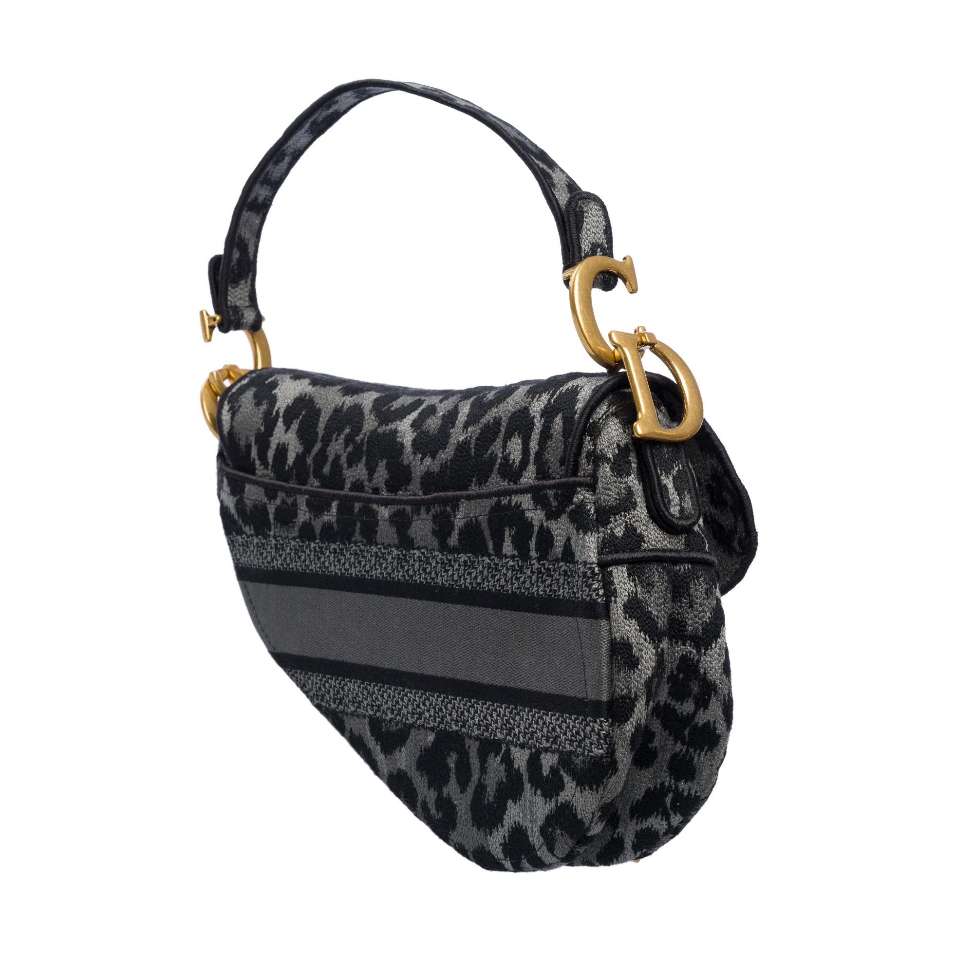New Christian Dior Saddle Mizza leopard pattern in grey/black canvas , AGHW For Sale 2