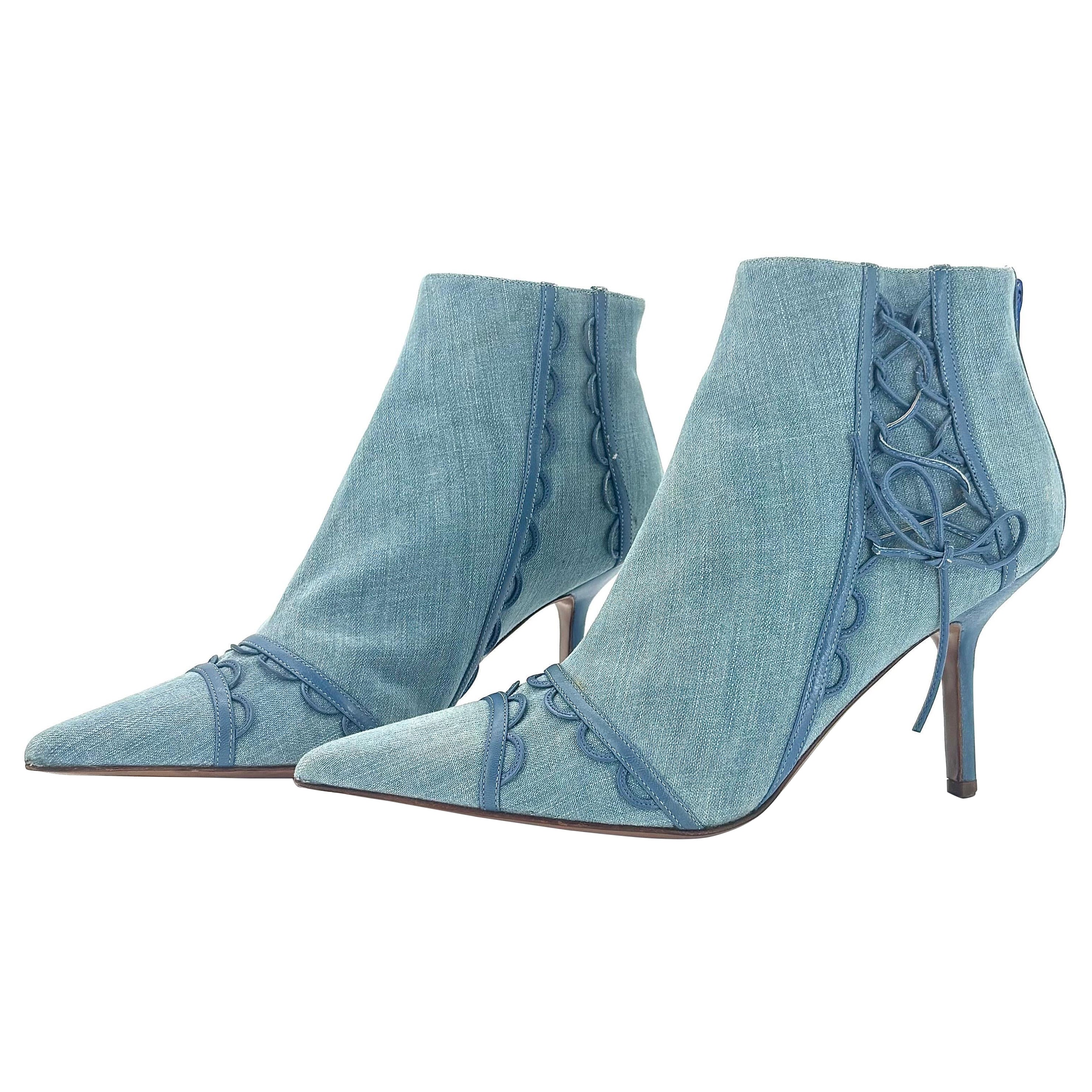 NEW Christian Dior SS 2002 Galliano Blue Bow Pointed Toe Heeled Booties 41.5 in vendita