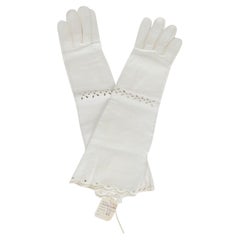 New Christian Dior White Kidskin Elbow Gloves w Eyelets, Orig Pkg – XS–S, 1950s