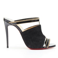 new CHRISTIAN LOUBOUTIN Akenana black suede gold chain trimmed mule heel EU36