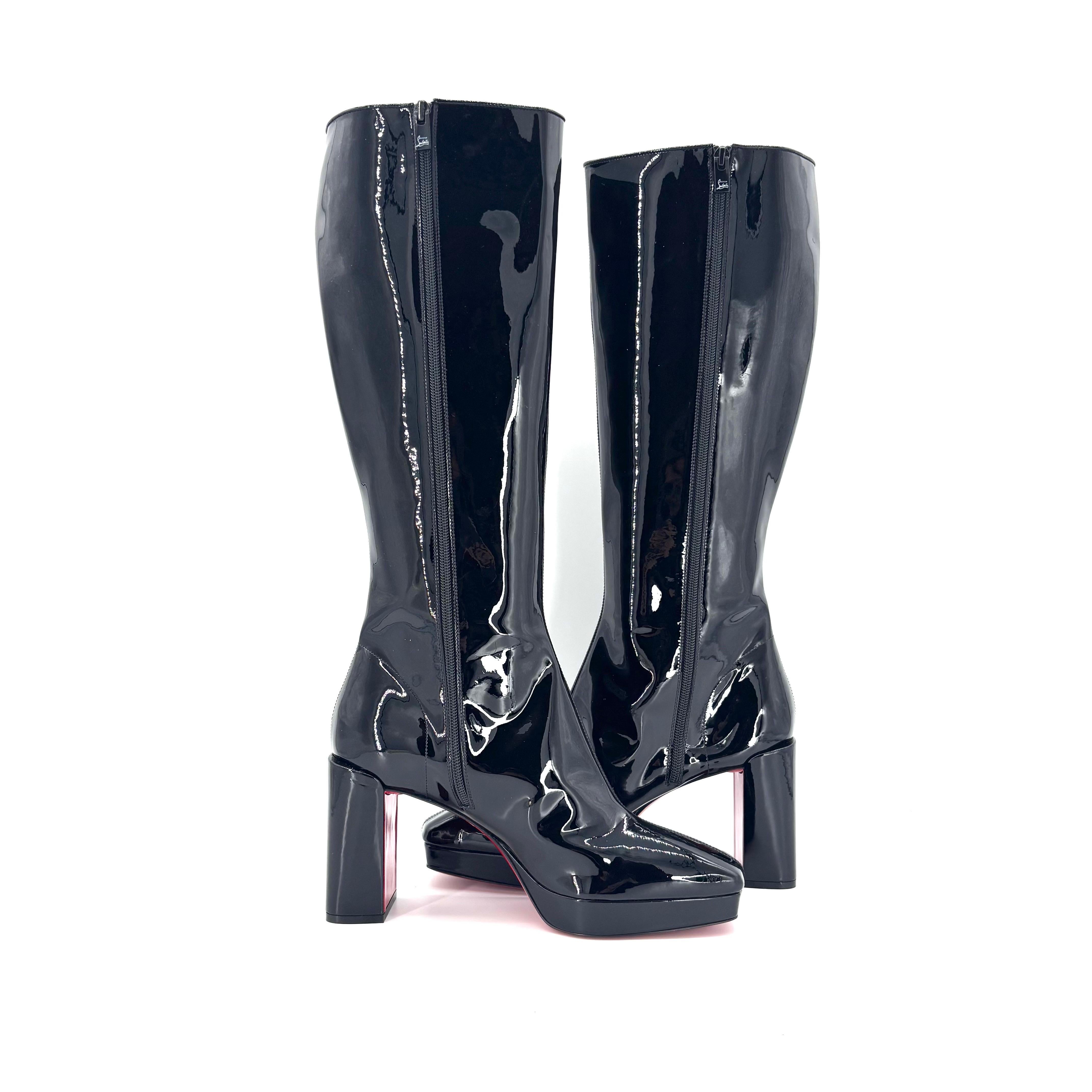 Christian Louboutin Alleo 90 Patent Knee High Platform Boots

Color Black
Size 41EU
Heel Height 90mm

Patent upper
Square toe
Signature red leather sole
Block high heel
Pull on style
Knee high shaft height
Hidden side full zip

New, no original box,