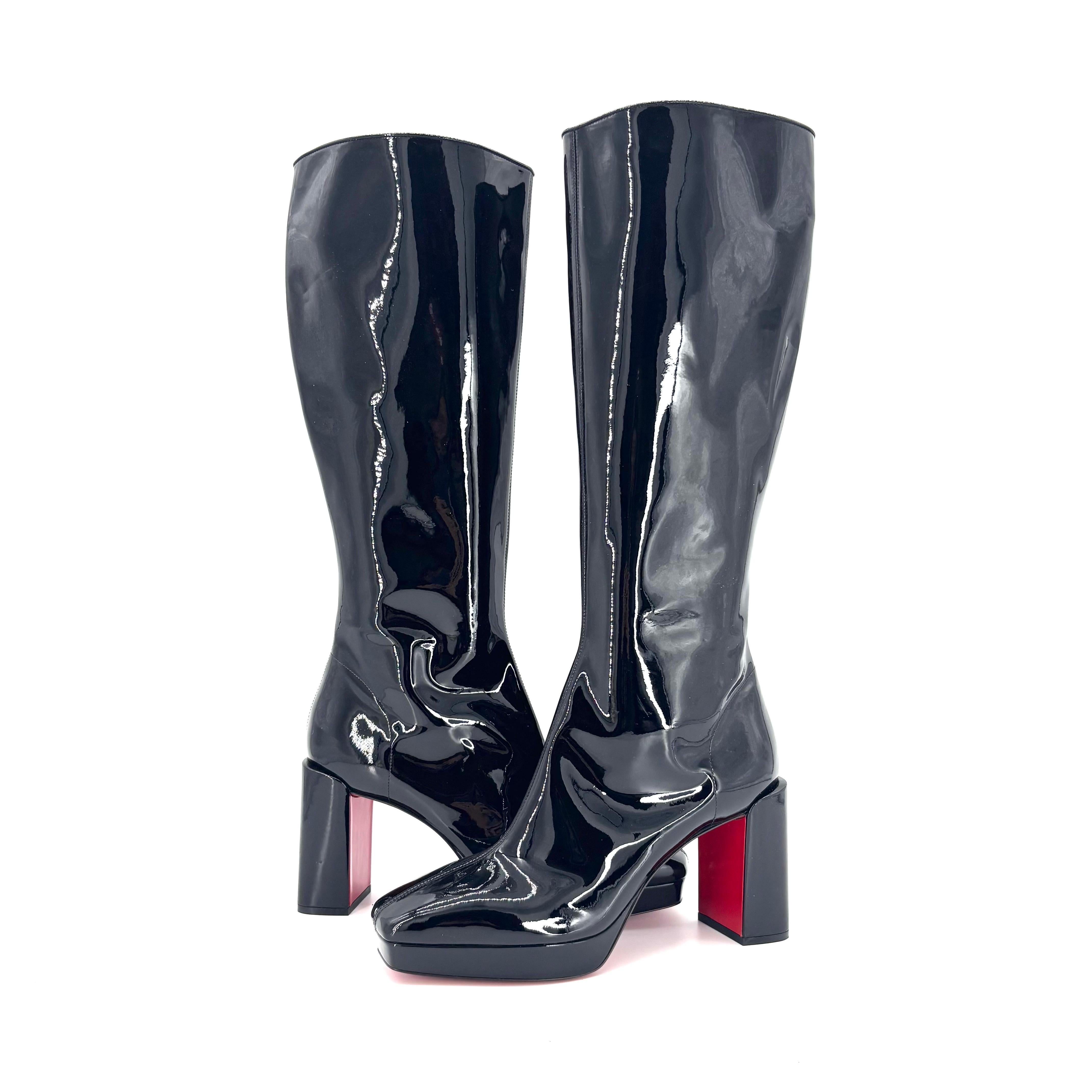 Black NEW Christian Louboutin Alleo 90 Patent Knee High Platform Boots 41 For Sale