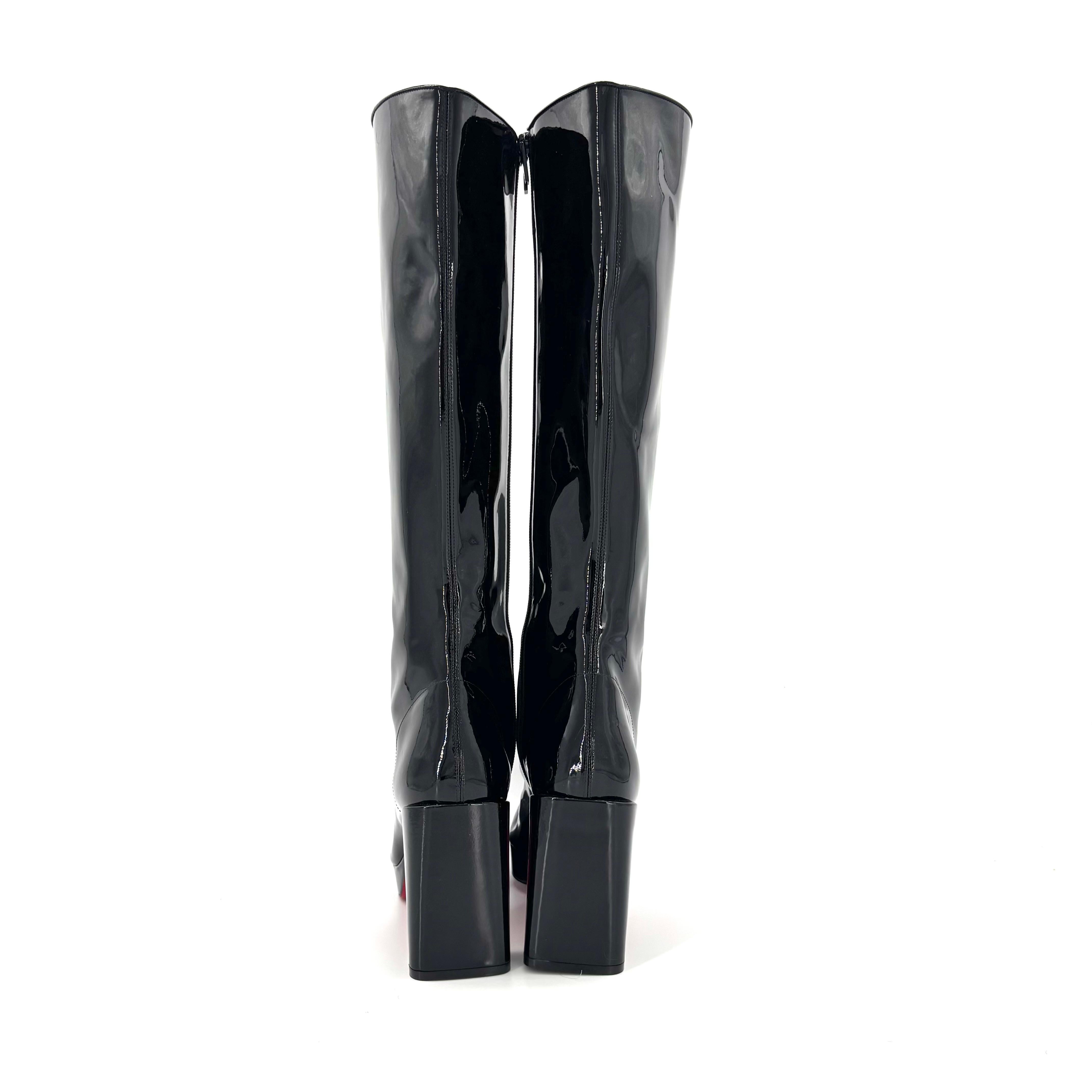 Donna NEW Christian Louboutin Alleo 90 Patent Knee High Platform Boots 41 in vendita