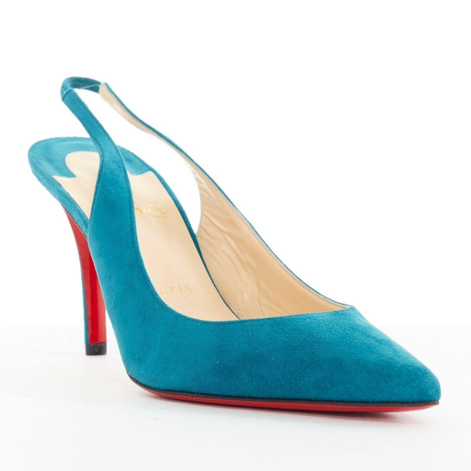 new CHRISTIAN LOUBOUTIN Apostrophy Sling blue suede pointy slingback heel EU39
CHRISTIAN LOUBOUTIN
Apostrophy Sling 85. 
Teal blue suede leather upper. 
Pointed toe. 
Elasticated sling back strao. 
Stiletto heel. 
Tonal stitching. 
Signature red