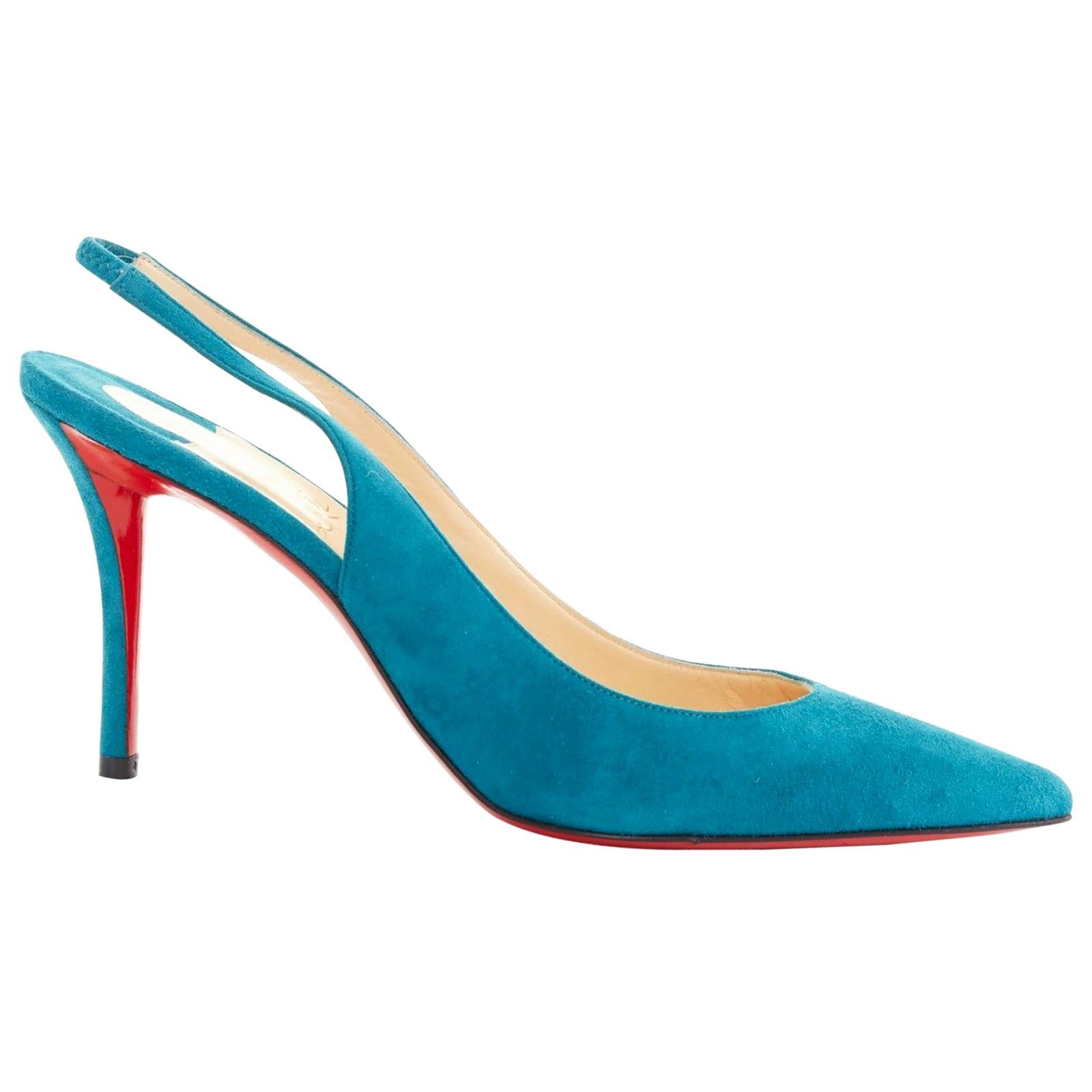 new CHRISTIAN LOUBOUTIN Apostrophy Sling blue suede pointy slingback heel EU39