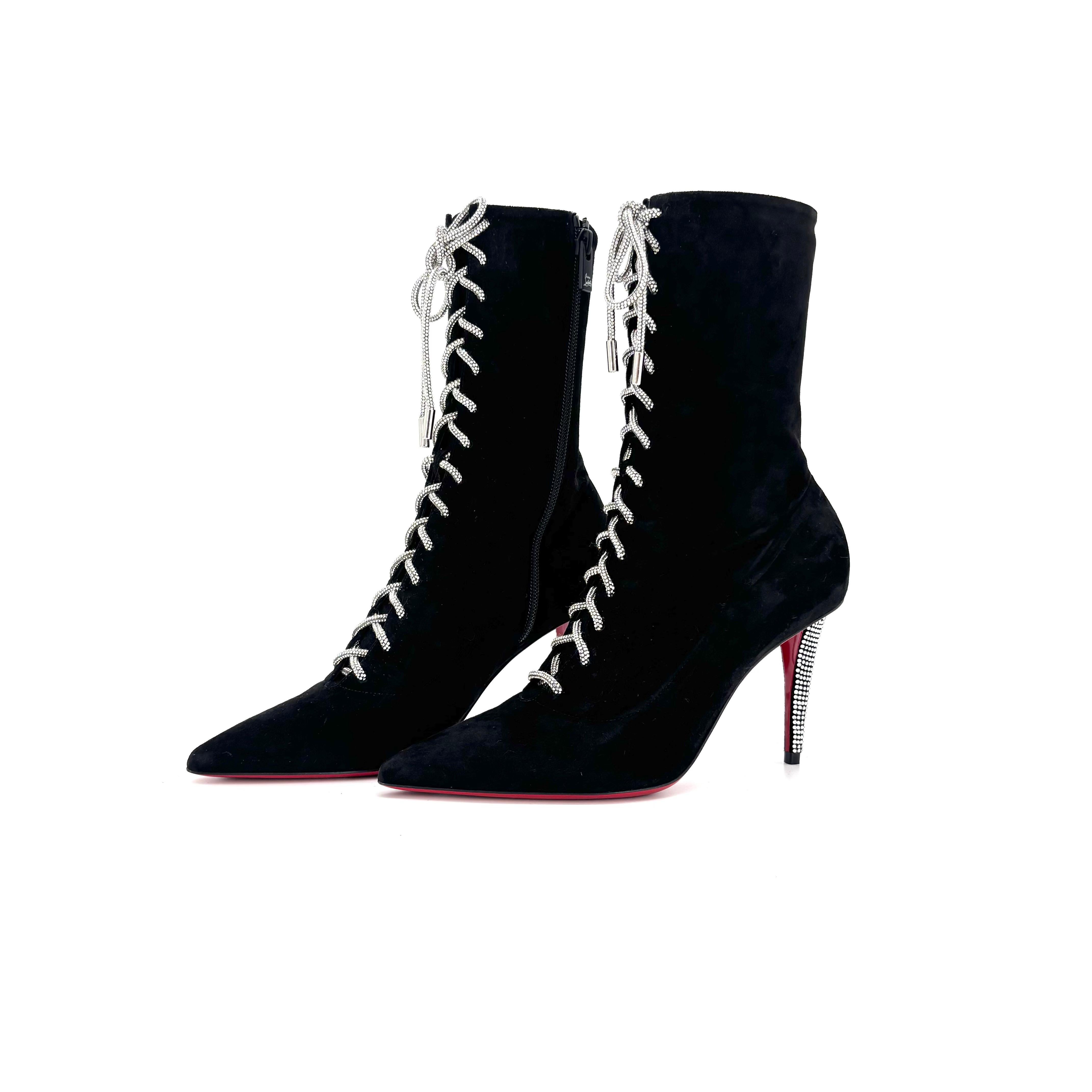 NUEVO Christian Louboutin Astrid Botín Encaje Strass 85 Botas Adornadas 37 Negro en venta