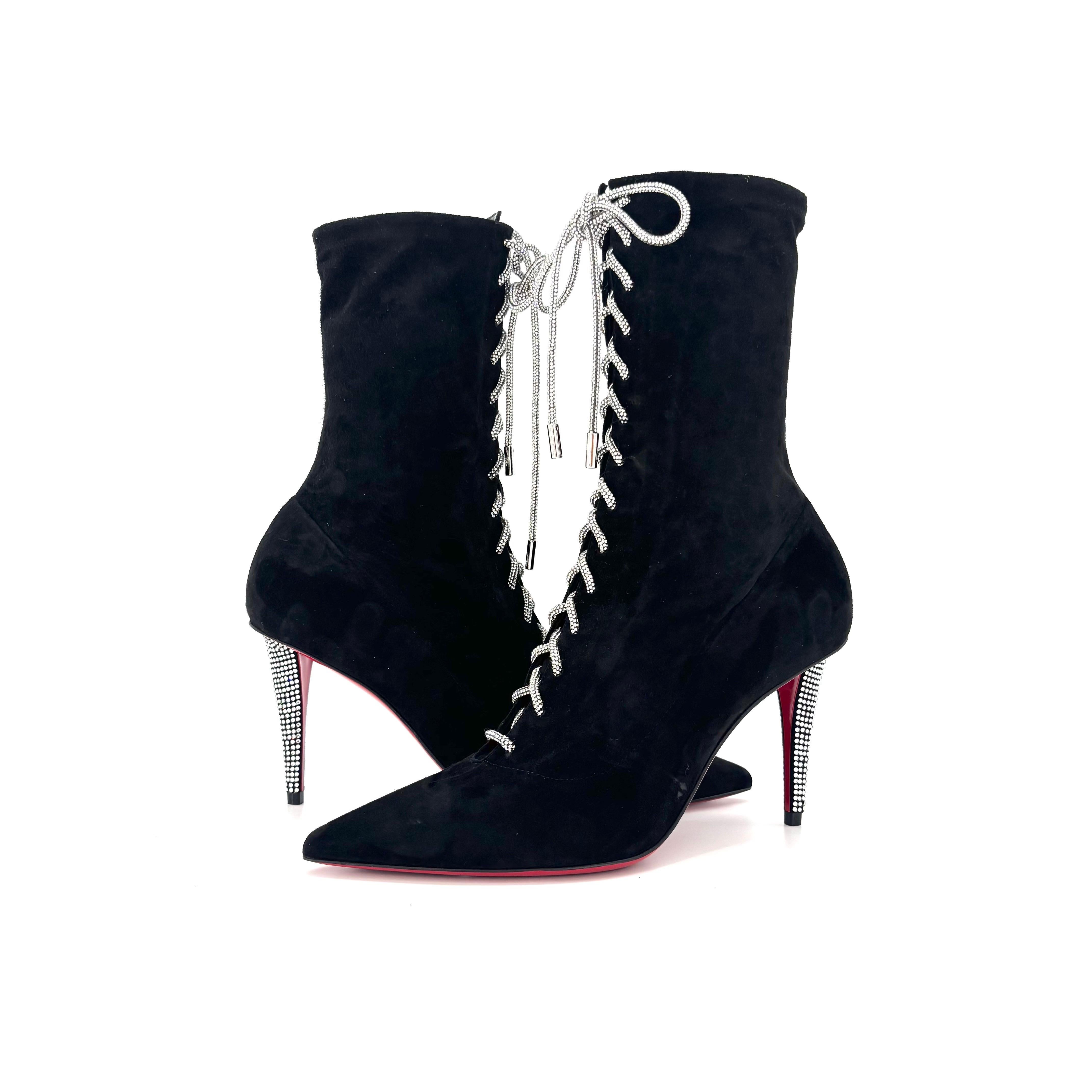 NUEVO Christian Louboutin Astrid Botín Encaje Strass 85 Botas Adornadas 38 Negro en venta
