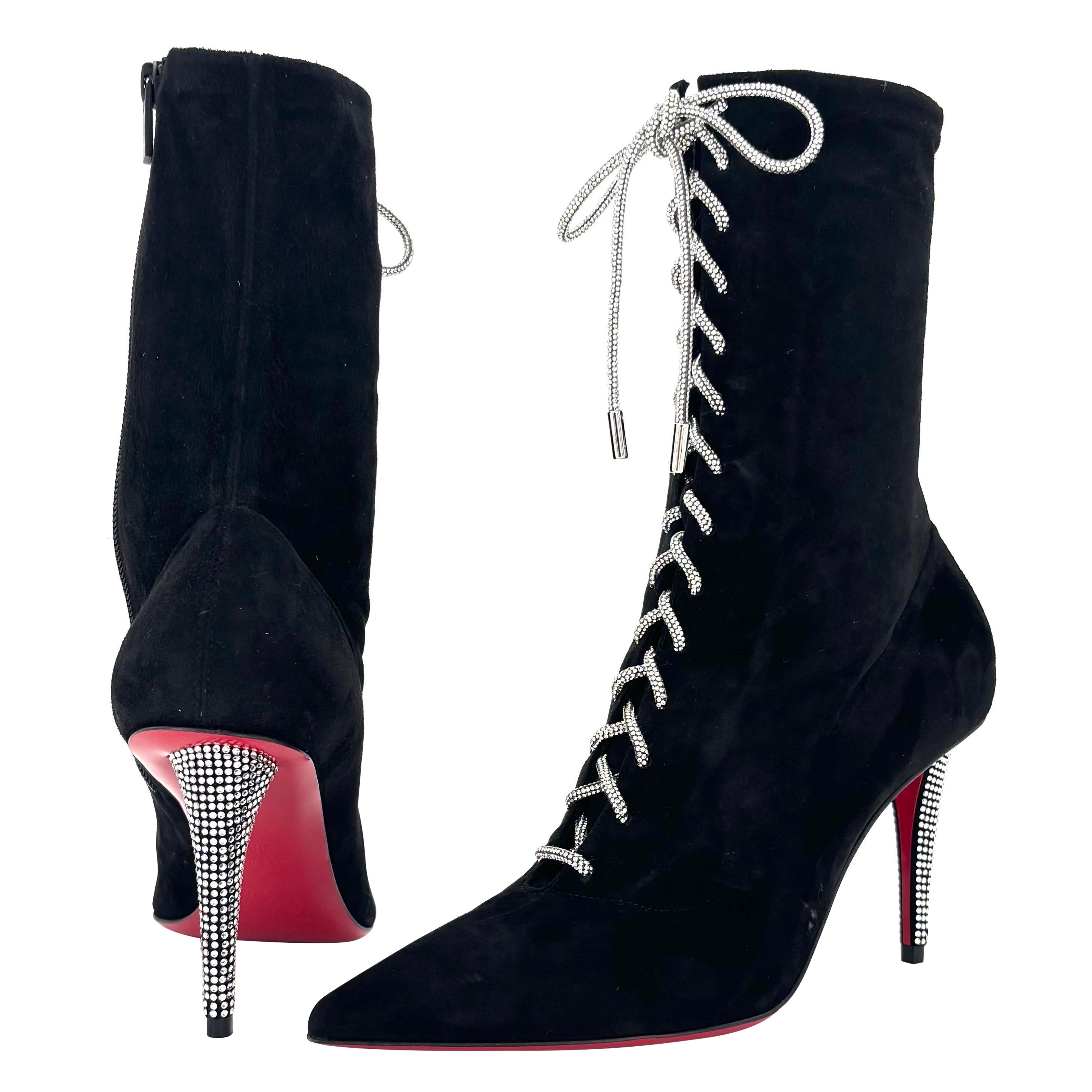 NEW Christian Louboutin Astrid Lace Strass Booty 85 Embellished Boots 38