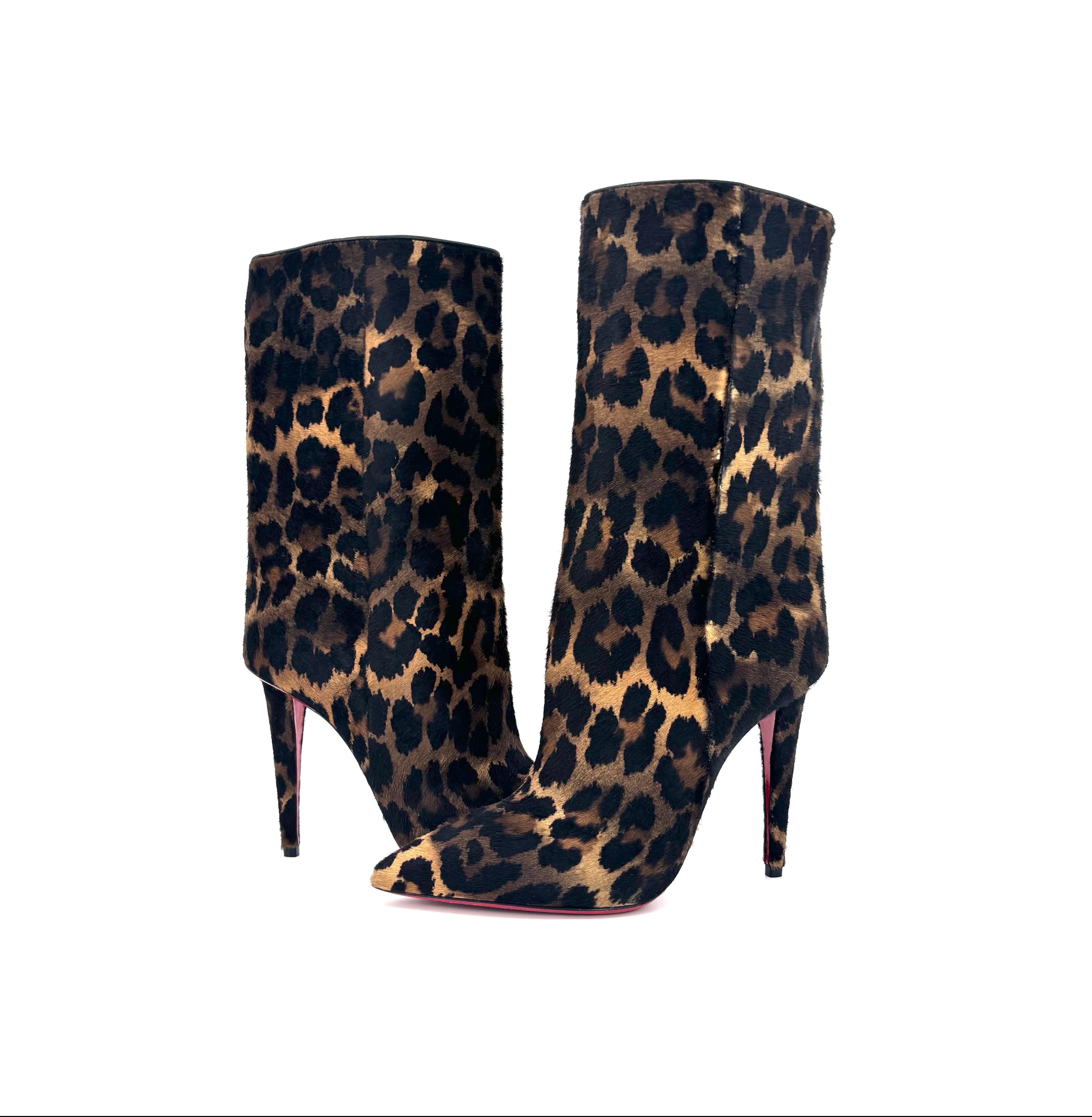 NUEVO Christian Louboutin Botín Astrilarge 100 Botas de tacón con estampado de leopardo 36.5 Negro en venta