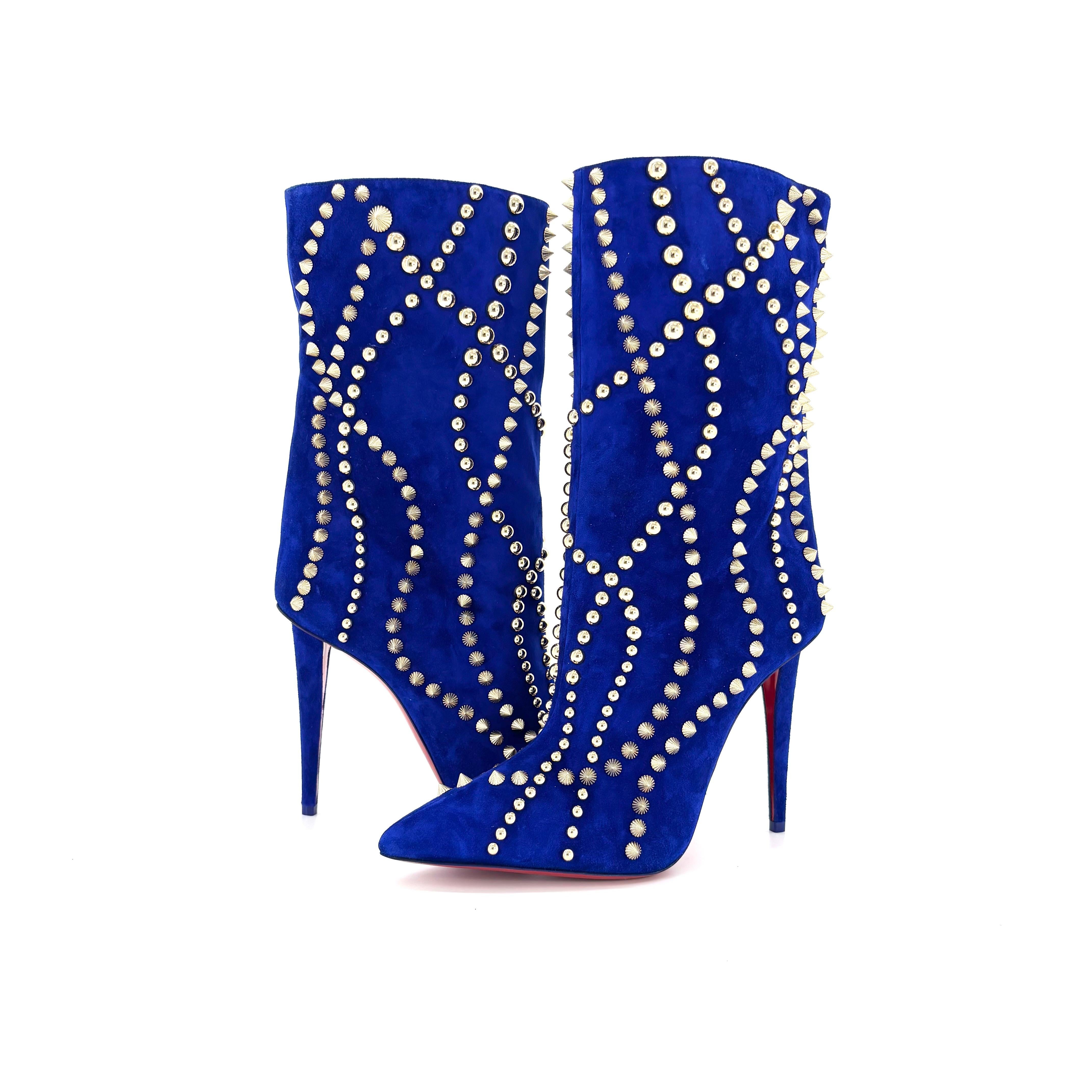 Christian Louboutin Astrilarge Booty Pika 100 Galactiqueen Pointed Toe Boots

Color Blue
Size 40EU
Heel Height 100mm

Suede calf leather upper
Leather lined
Signature red leather sole
Pointed toe
All over studded
Tapered stiletto heel
Made in