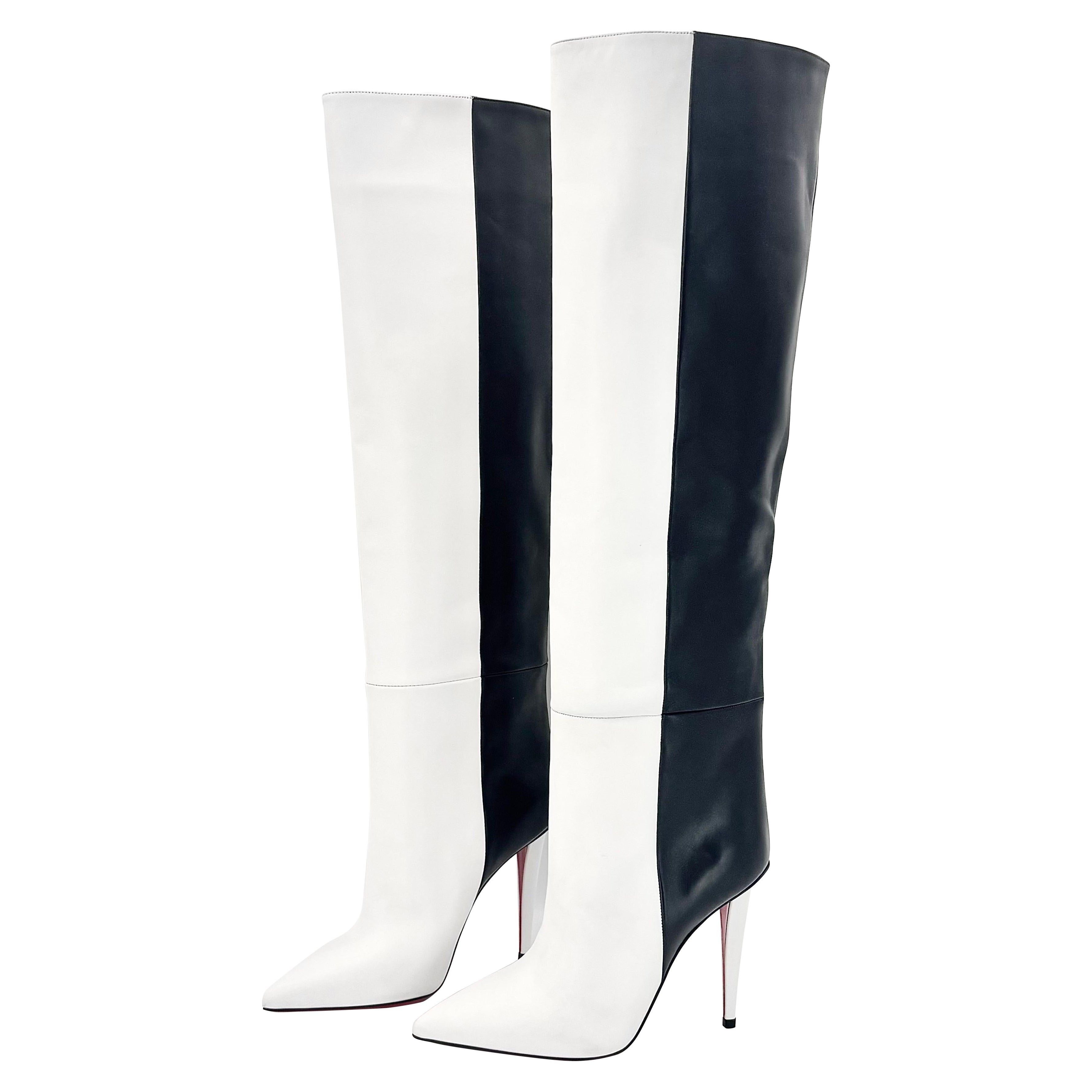 NEW Christian Louboutin Astrilarge Botta 100 Black White Over The Knee Boots 37 in vendita