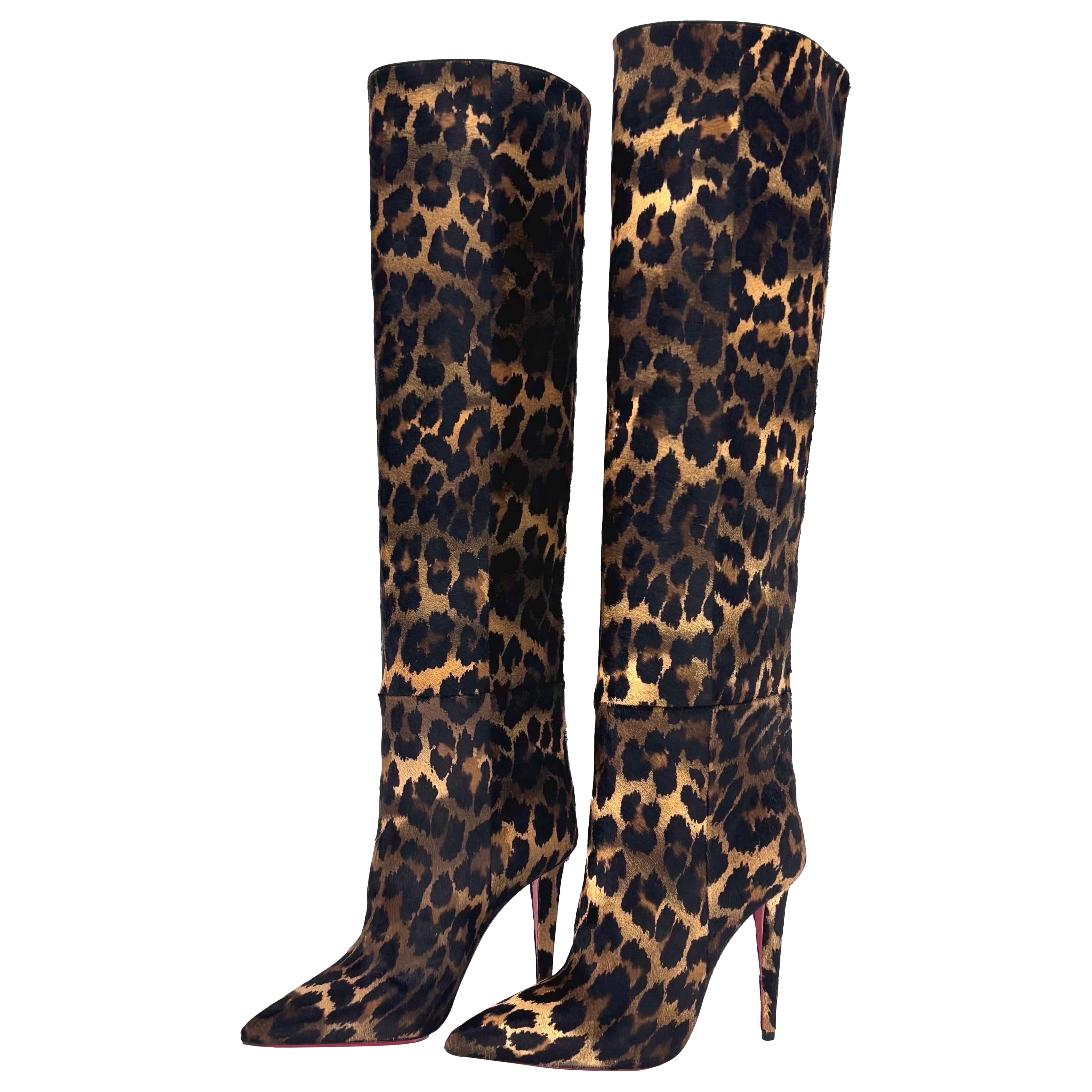 NEW Christian Louboutin Astrilarge Botta 100 Leopard Print Pointed Toe Boots 36