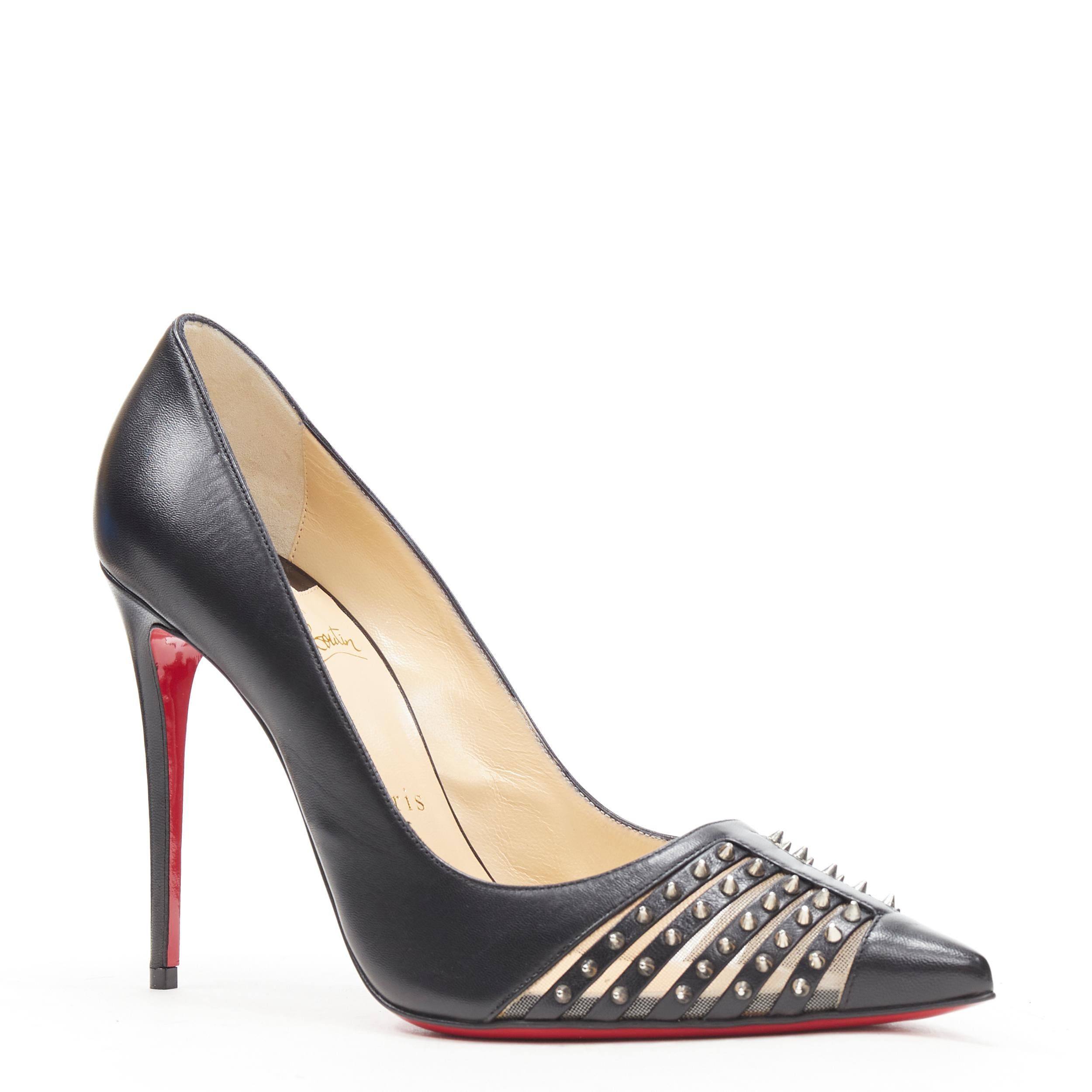 new CHRISTIAN LOUBOUTIN Bereta 100 black spike stud mesh pointy pigalle EU38.5 
Reference: TGAS/B01253 
Brand: Christian Louboutin 
Model: Bereta 100 
Material: Leather 
Color: Black 
Pattern: Solid 
Extra Detail: Berata 100. Black leather.