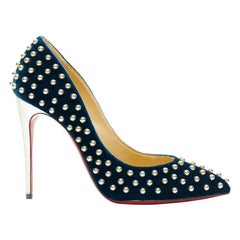 new CHRISTIAN LOUBOUTIN Billy 120 blue velvet silver stud pointy pump EU37