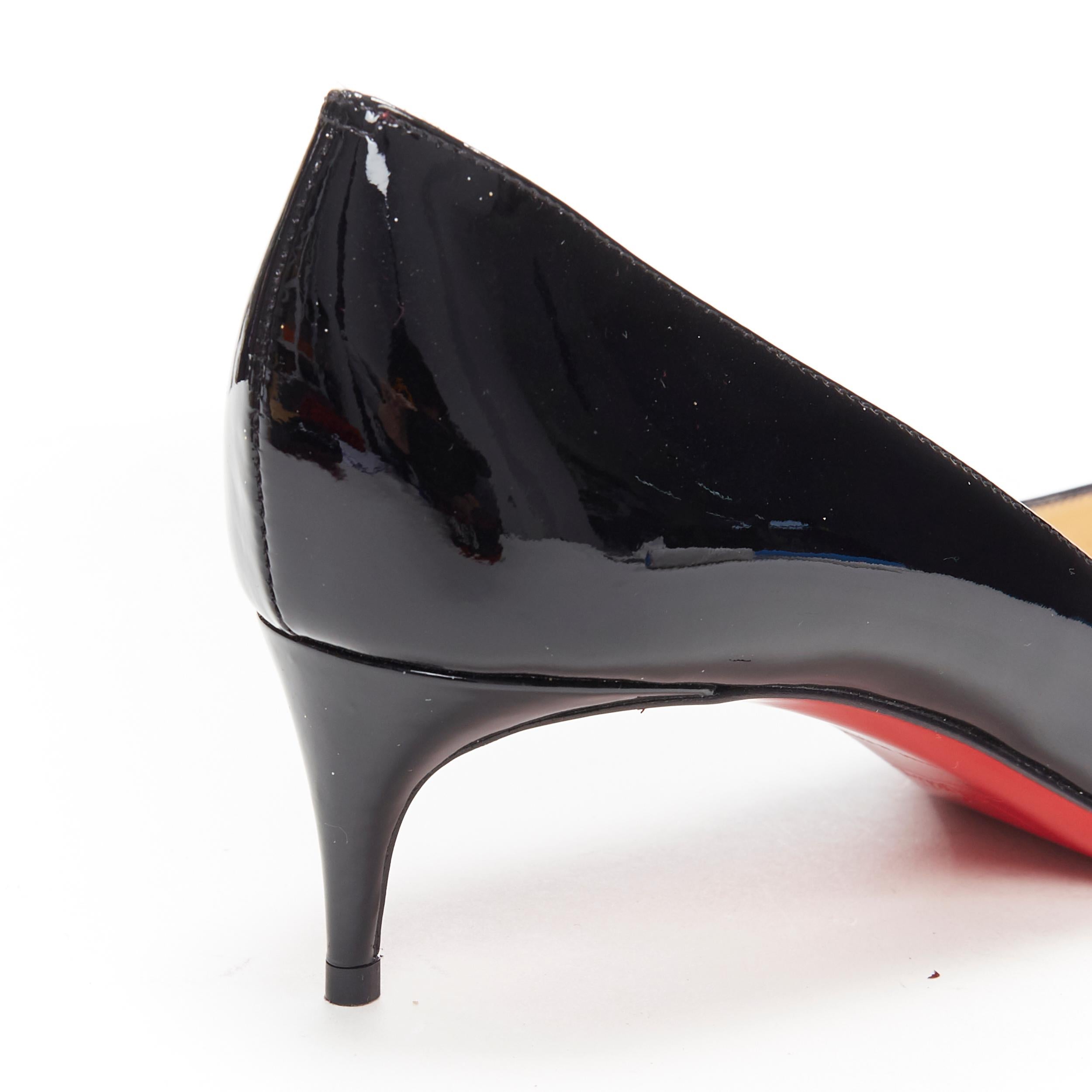 new CHRISTIAN LOUBOUTIN black patent round toe slim kitten heel work pump EU39 1
