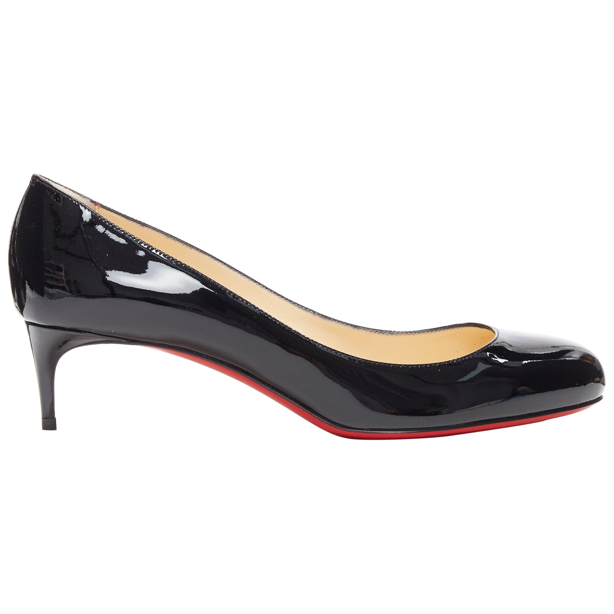 new CHRISTIAN LOUBOUTIN black patent round toe slim kitten heel work pump EU39