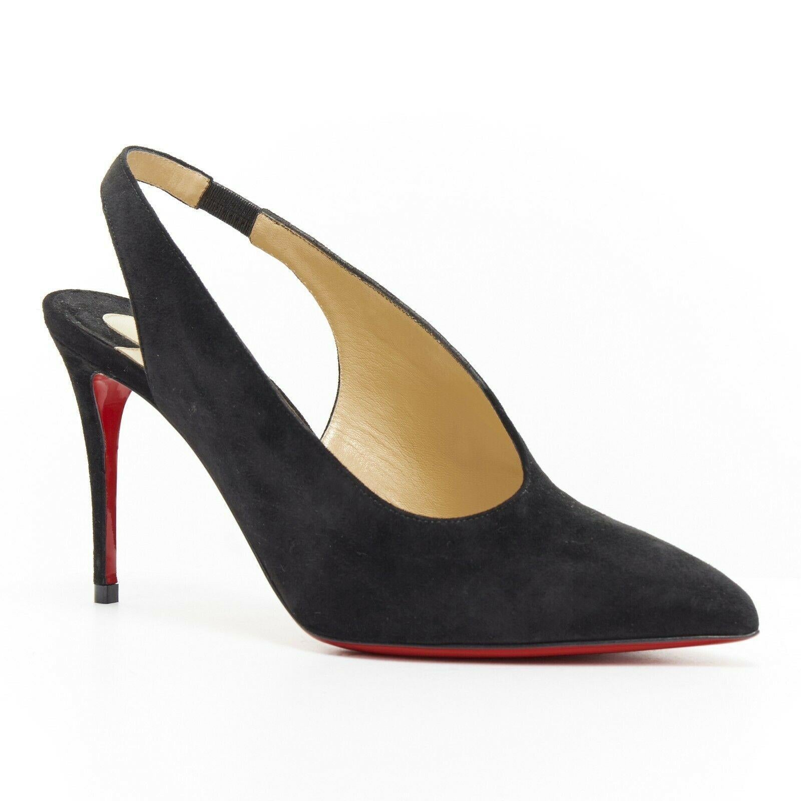 new CHRISTIAN LOUBOUTIN black suede point toe sling back mid heel pump EU37
CHRISTIAN LOUBOUTIN
Black suede leather upper. Pointed toe. 
Tonal stitching. Sling back. Slim stiletto mid heel. 
Padded tan leather lining. Signature Christian Louboutin