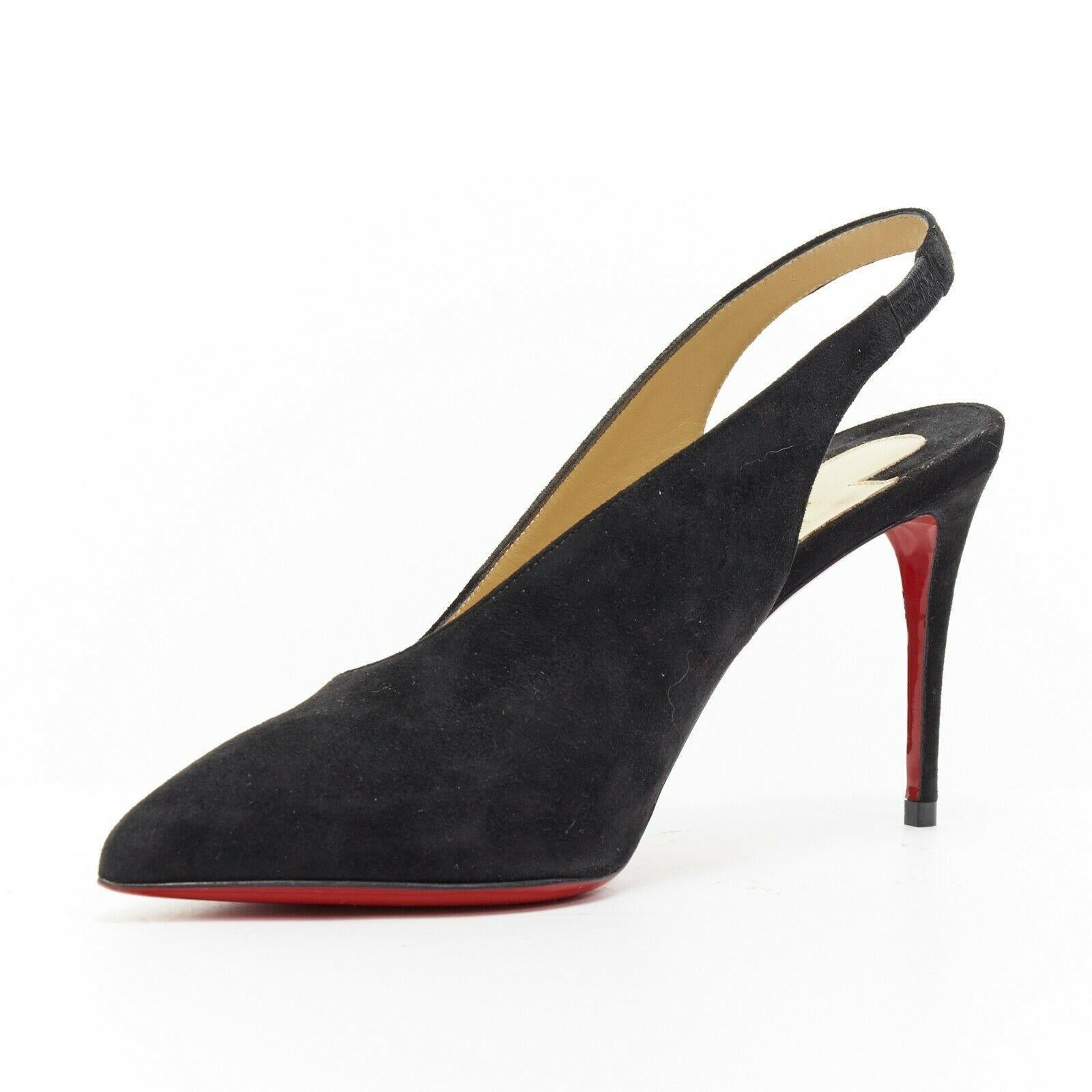 new CHRISTIAN LOUBOUTIN black suede point toe sling back mid heel pump EU37 In Good Condition In Hong Kong, NT